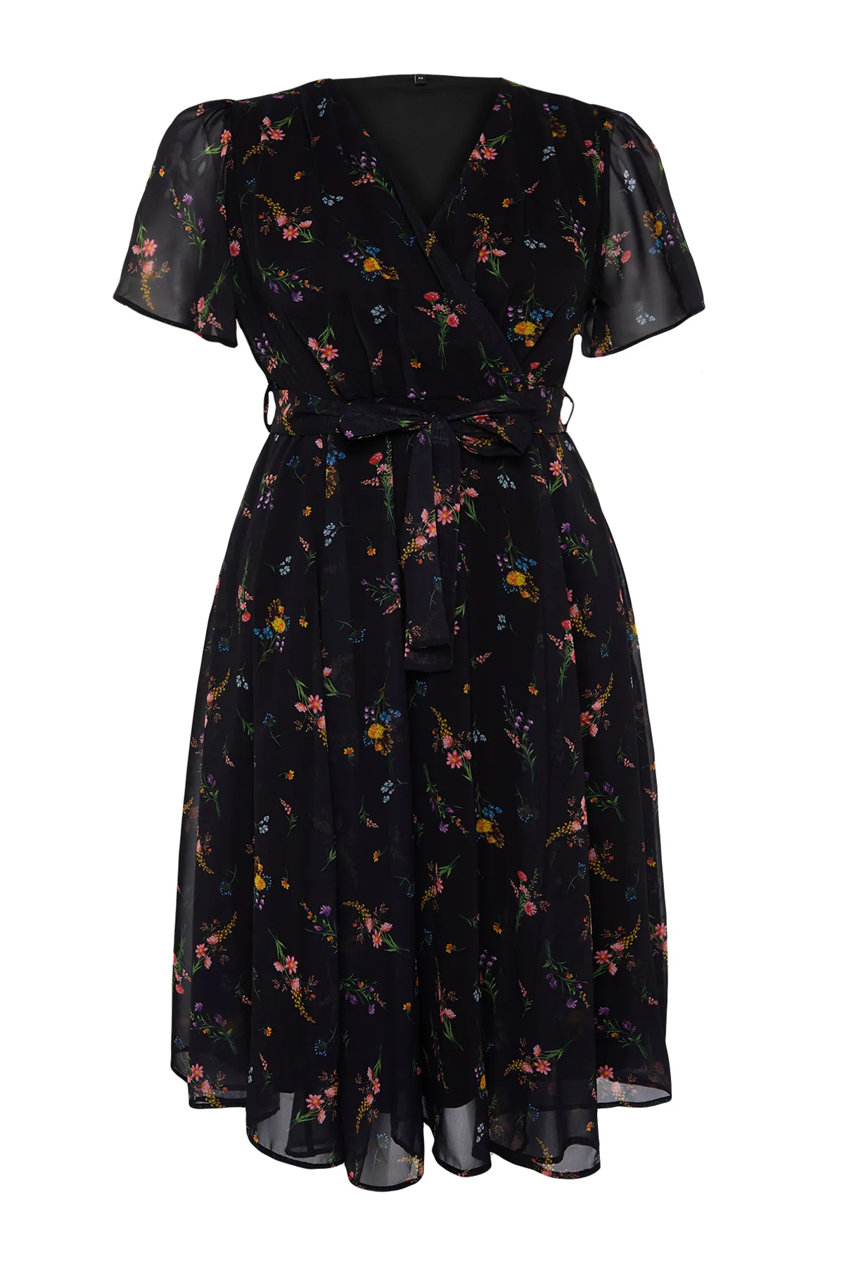 Trendyol Curve  Mehrfarbiges, zweireihiges Chiffon-Gewebekleid mit Blumendruck TBBSS24AH00154