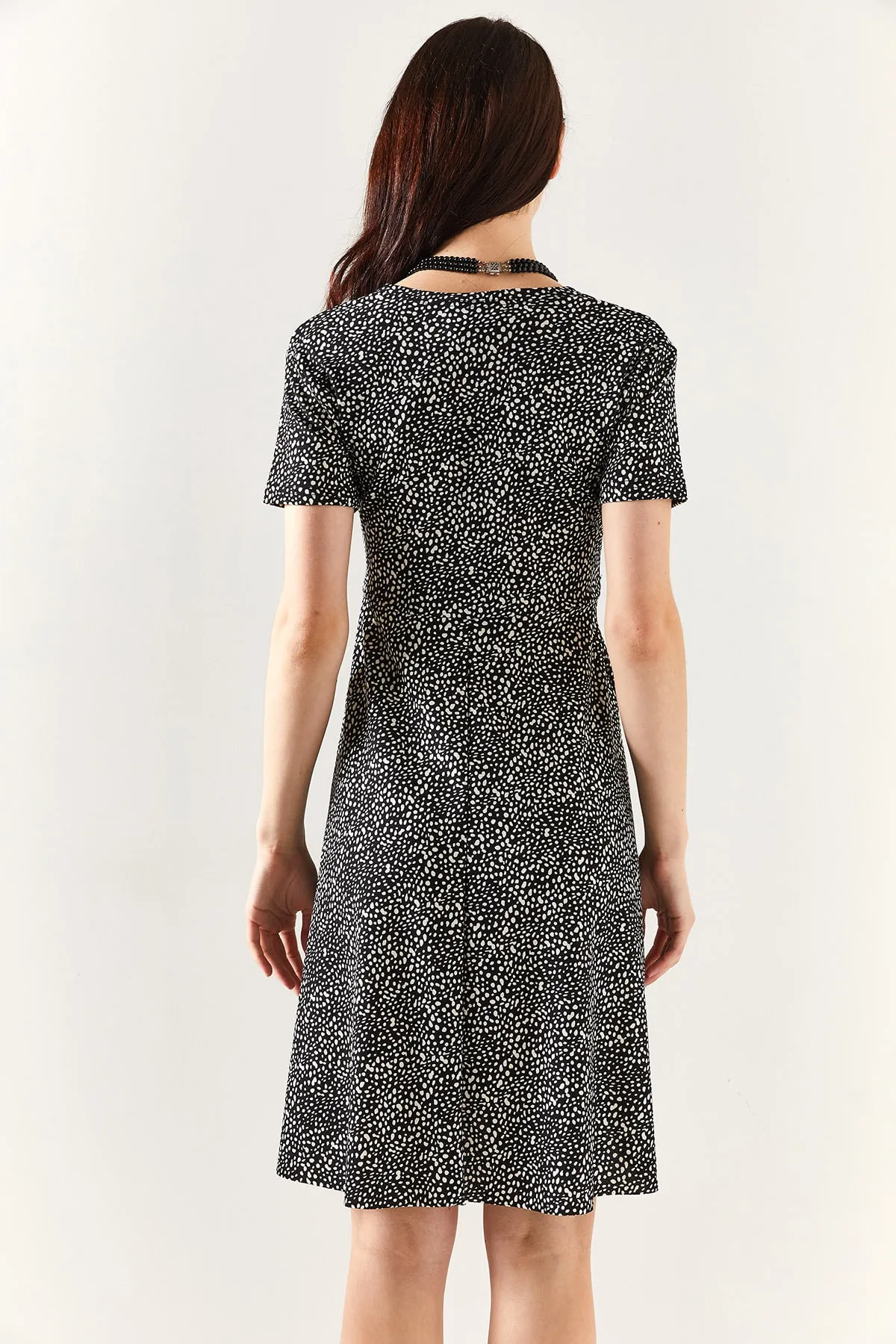 Olalook  Schwarz gemustertes, kurzärmliges, zweireihiges, ausgestelltes Kleid für Damen ELB-19001894