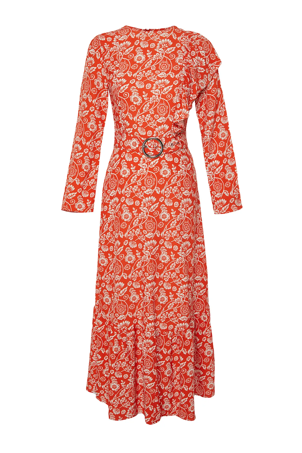 Trendyol Modest  Rotes, mit Blumen gefüttertes, Rüschen-detailliertes, gewebtes Kleid mit Gürtel TCTSS24EB00069
