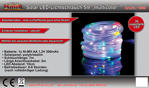 MAUK 5m Solar Lichtschlauch in verschiedenen Farben (mehrfarbig) 50LEDs (insg. 7m)