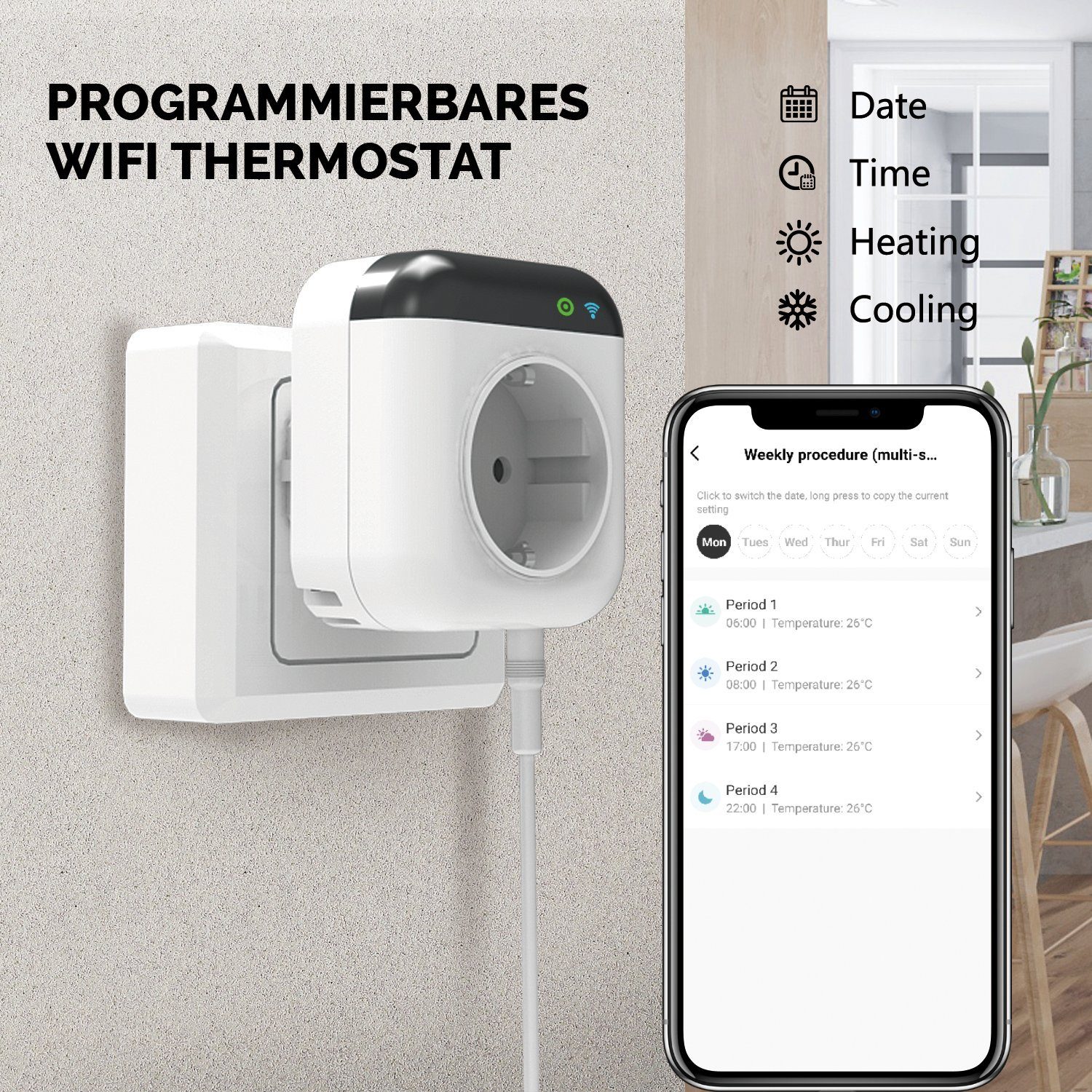 XCOAST Steckdosen-Thermostat Smartes WiFi Energiesparthermostat, Schukostecker Thermostat, max. 3450,00 W, Kein Hub nötig, Steuerung über Smart Life App, 1-St., Temperatursensor, Programmierbar, Alexa Sprachsteuerung, Fernbedienung, Zieltemperatur, Z