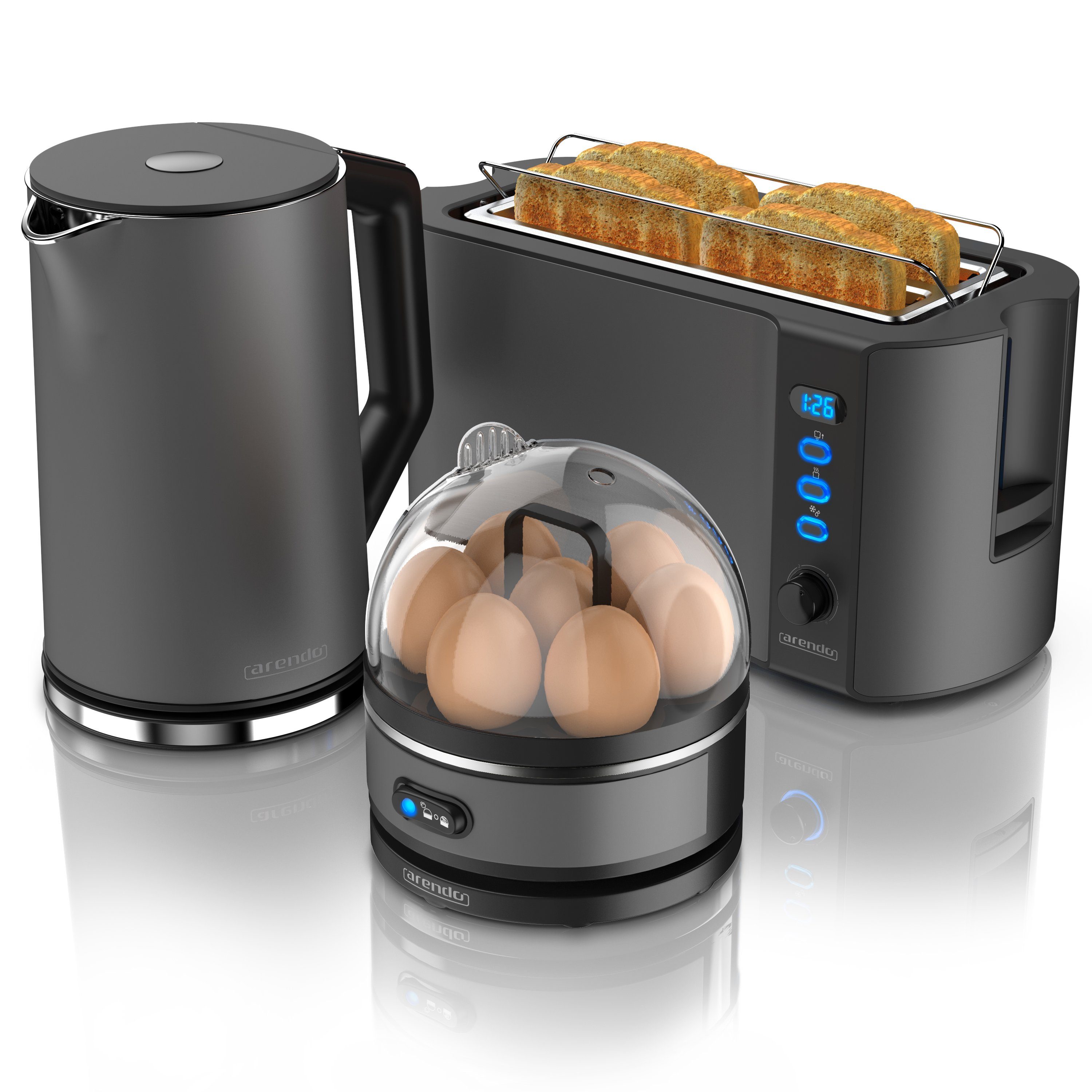 Arendo Frühstücks-Set (3-tlg), Wasserkocher 1,5l, 4-Scheiben Toaster, 7er Eierkocher, Grau