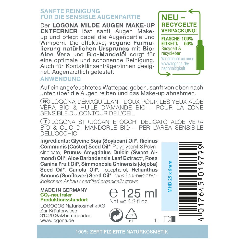 LOGONA Milder Augen Make-up Entferner Bio-Aloe Vera 125 ml