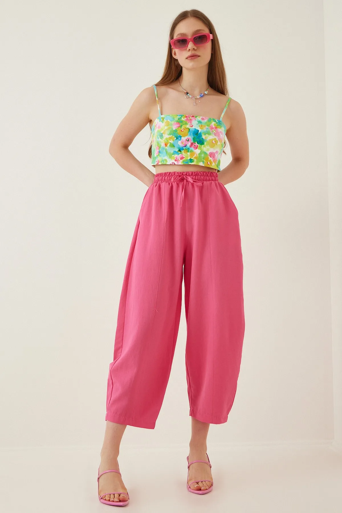 Happiness İstanbul  Dunkelrosa Shalwar-Hose aus Leinenviskose mit Taschen CV00001 für Damen
