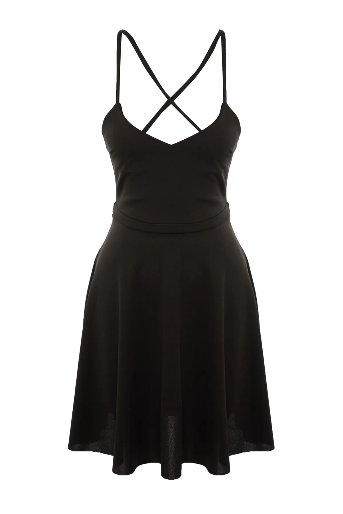 Trendyol Collection  Schwarzes rückenfreies Krepp-Strickkleid mit offener Taille/Skater-Miniträgern TWOSS20EL1630