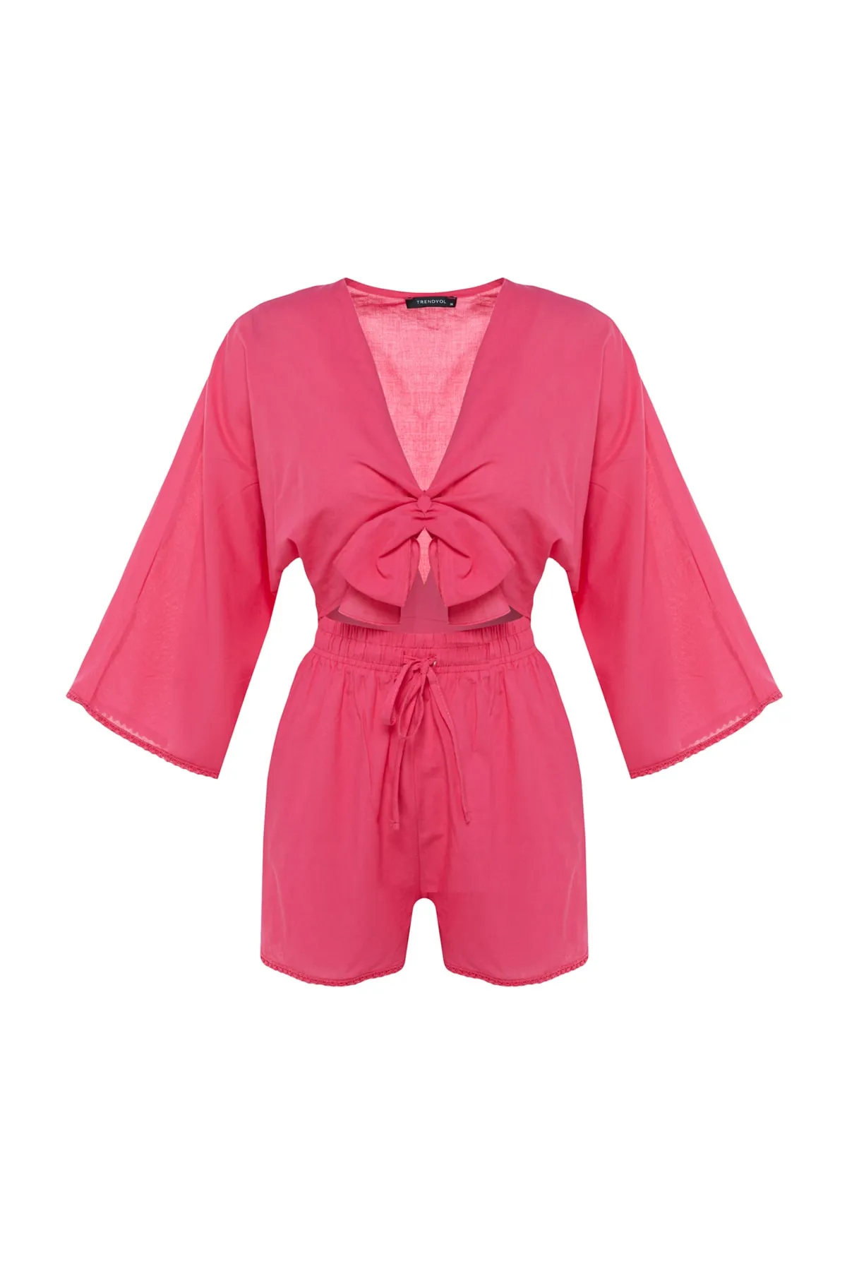 Trendyol Collection  Rosa gewebtes, gebundenes Blusen-Shorts-Set aus 100 % Baumwolle TBESS21AU0481