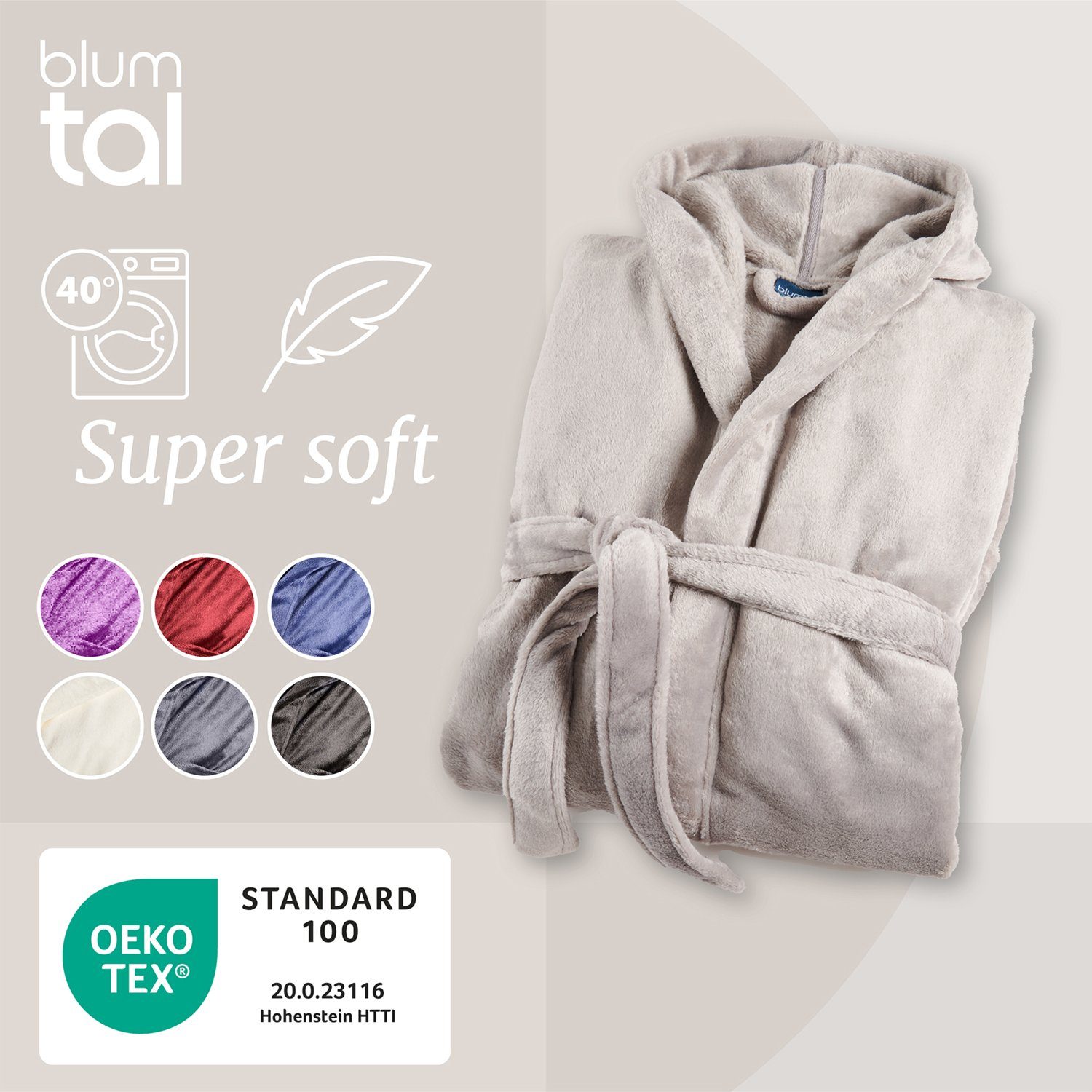 Blumtal Bademantel Damen und Herren - kuschelig weicher Unisex Fleece Bademantel, 100% Polyester Mikrofaser, mit Kapuze & praktischen Fronttaschen, Oeko-TEX® Zertifiziert
