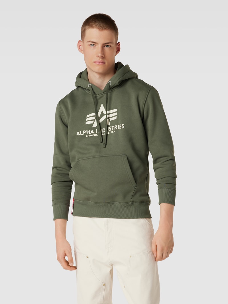 Hoodie mit Label-Print Modell 'BASIC' in dunkelgrün