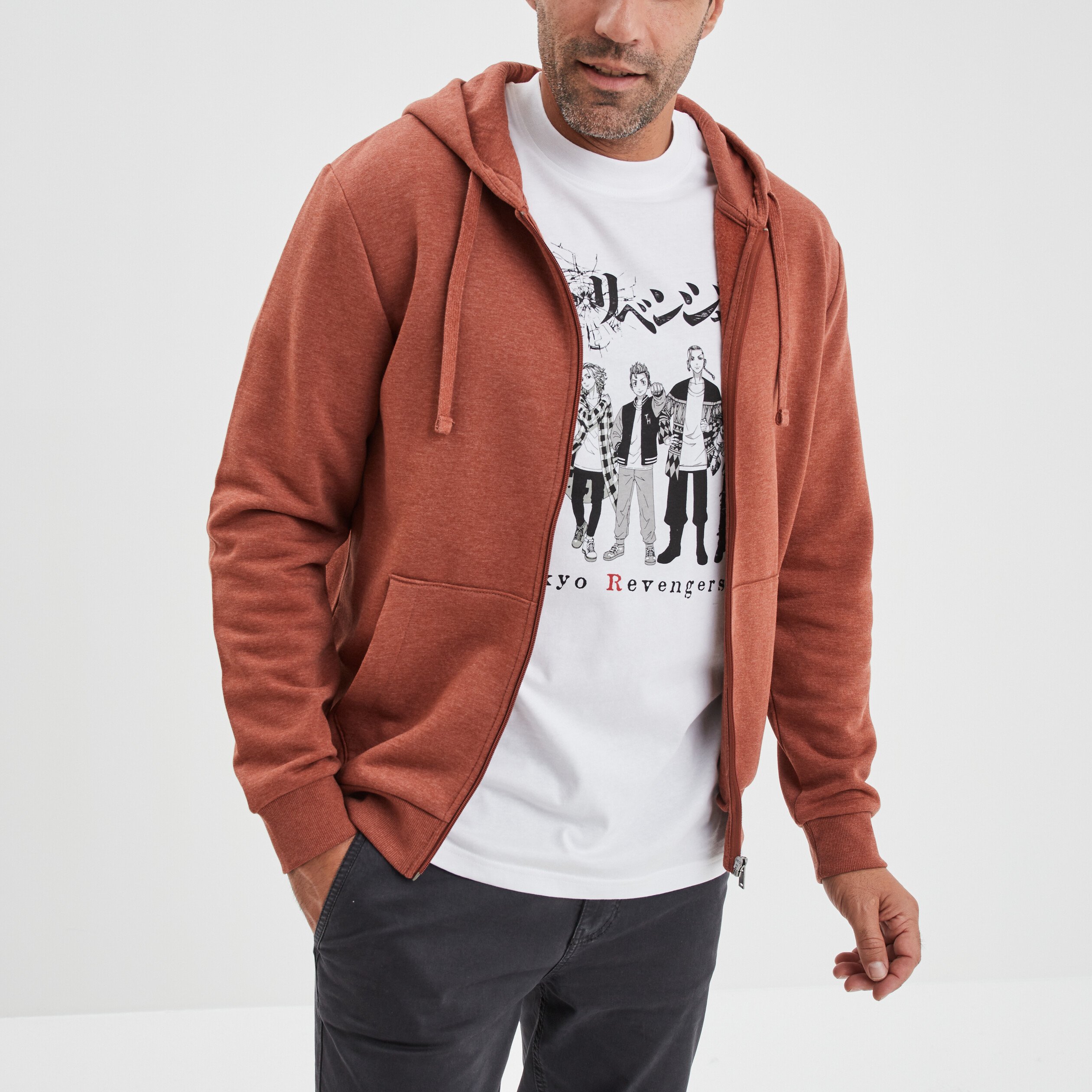 Sweat zippé molleton à capuche marron foncé homme | La Halle