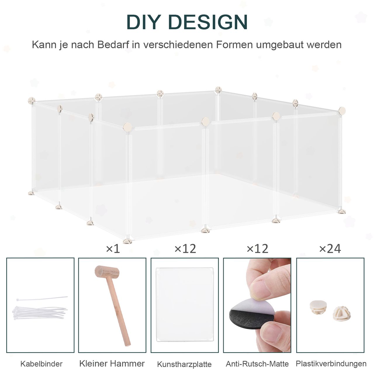 PawHut Freilaufgehege Laufgitter DIY Freigehege Gittergehege Absperrgitter Kleine Haustiere Laufstall für Innen 12 Platten Weiß Metall PP-Harz 105 x 105 x 45 cm