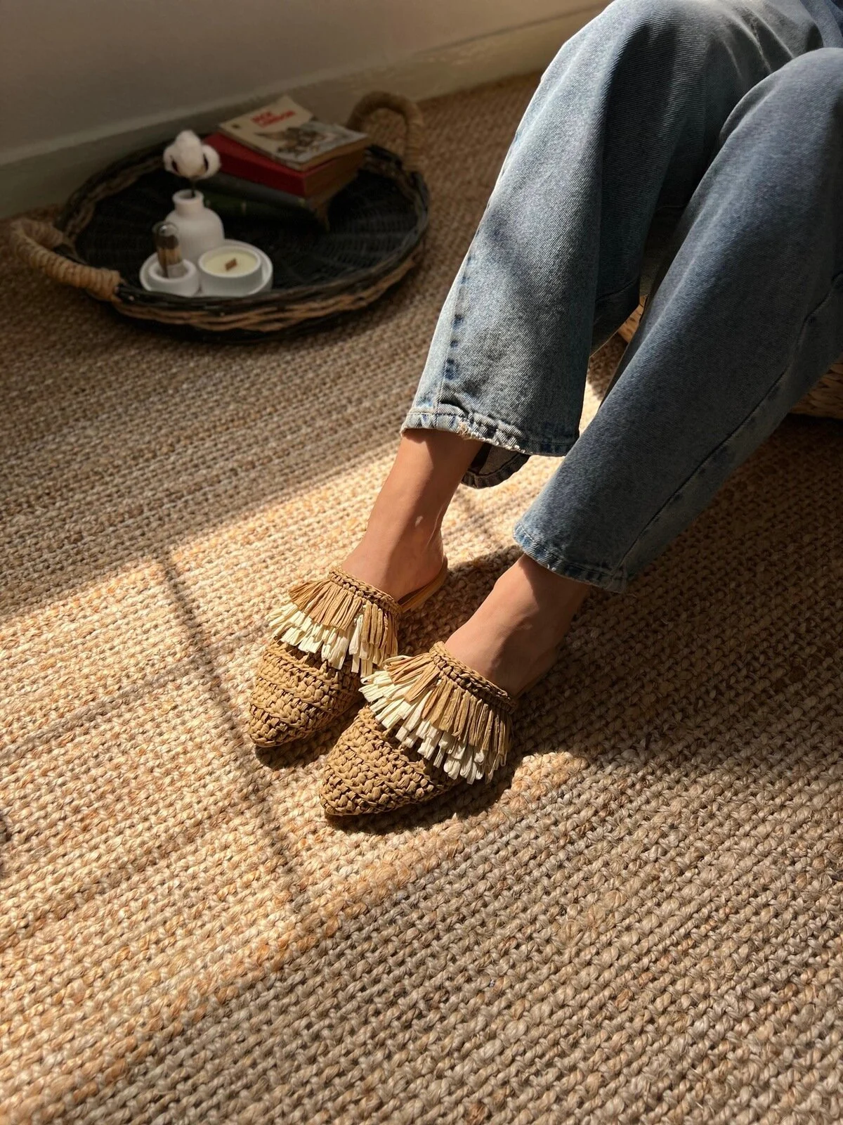 NİŞANTAŞI SHOES  Viana Brown Gestrickte Damenhausschuhe in Tan Beige mit Quasten und Details