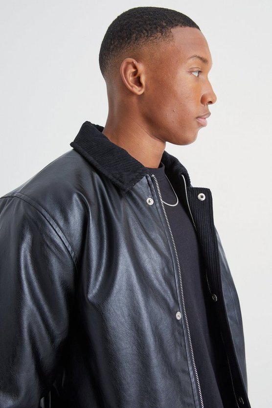 PU Harrington-Jacke mit Kord-Detail
