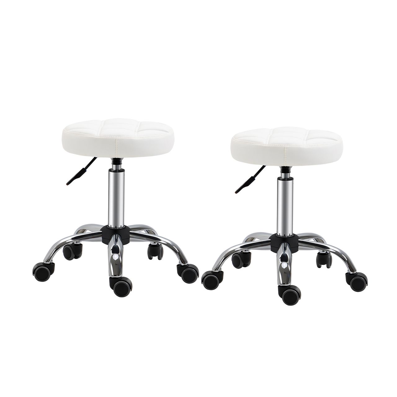 HOMCOM 2er-Set Rollhocker Drehhocker mit Rädern Arbeitshocker höhenverstellbar drehbar Salon Hocker Salonstühle Kunstleder Weiß Ø35,5 x 48-63H cm