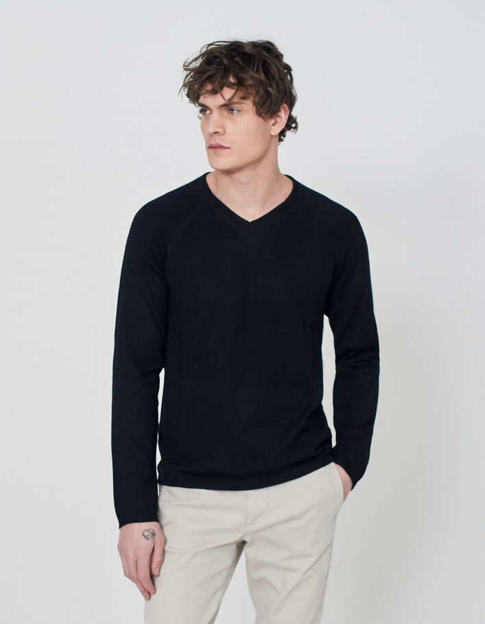 Pull noir tricot à col V Homme