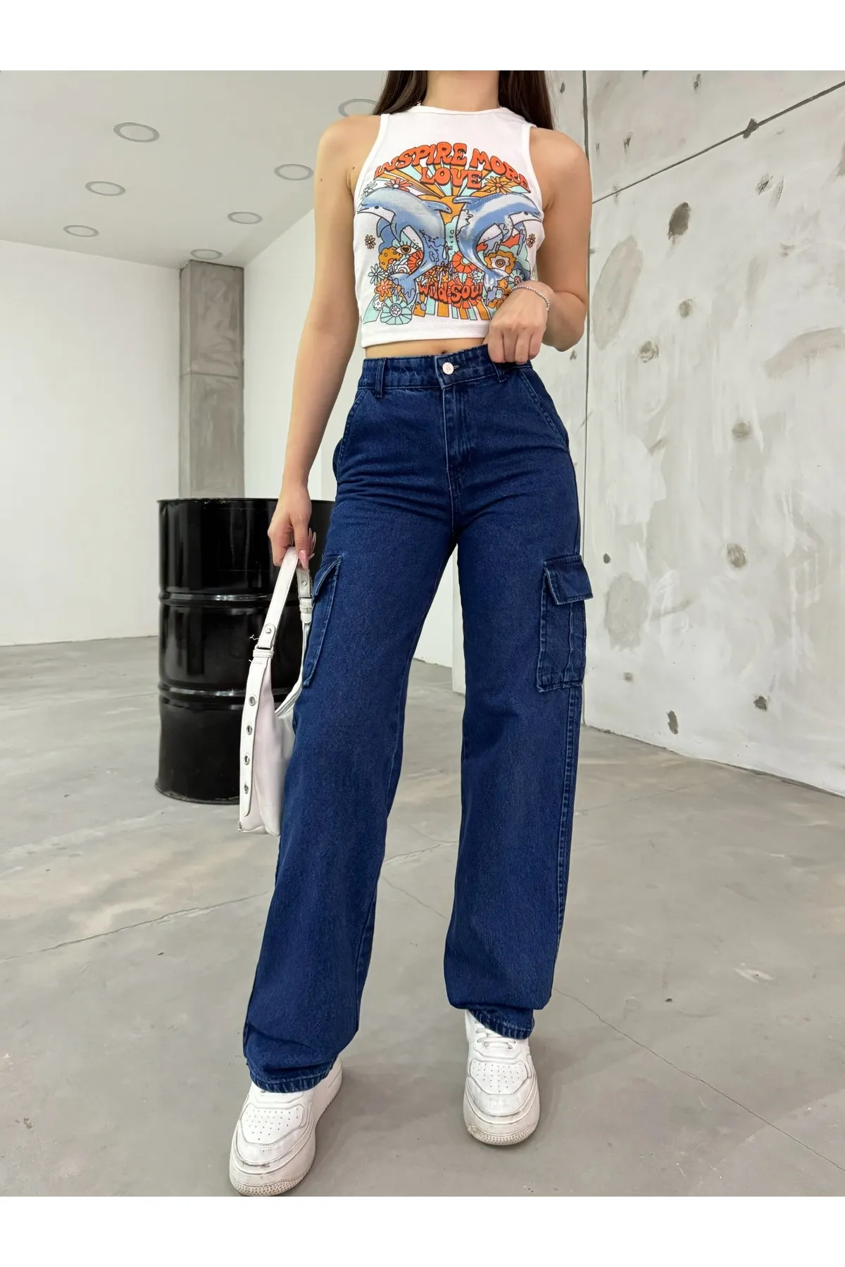 BİKELİFE  Marineblaue Cargohose mit hoher Taille und weitem Bein für Damen