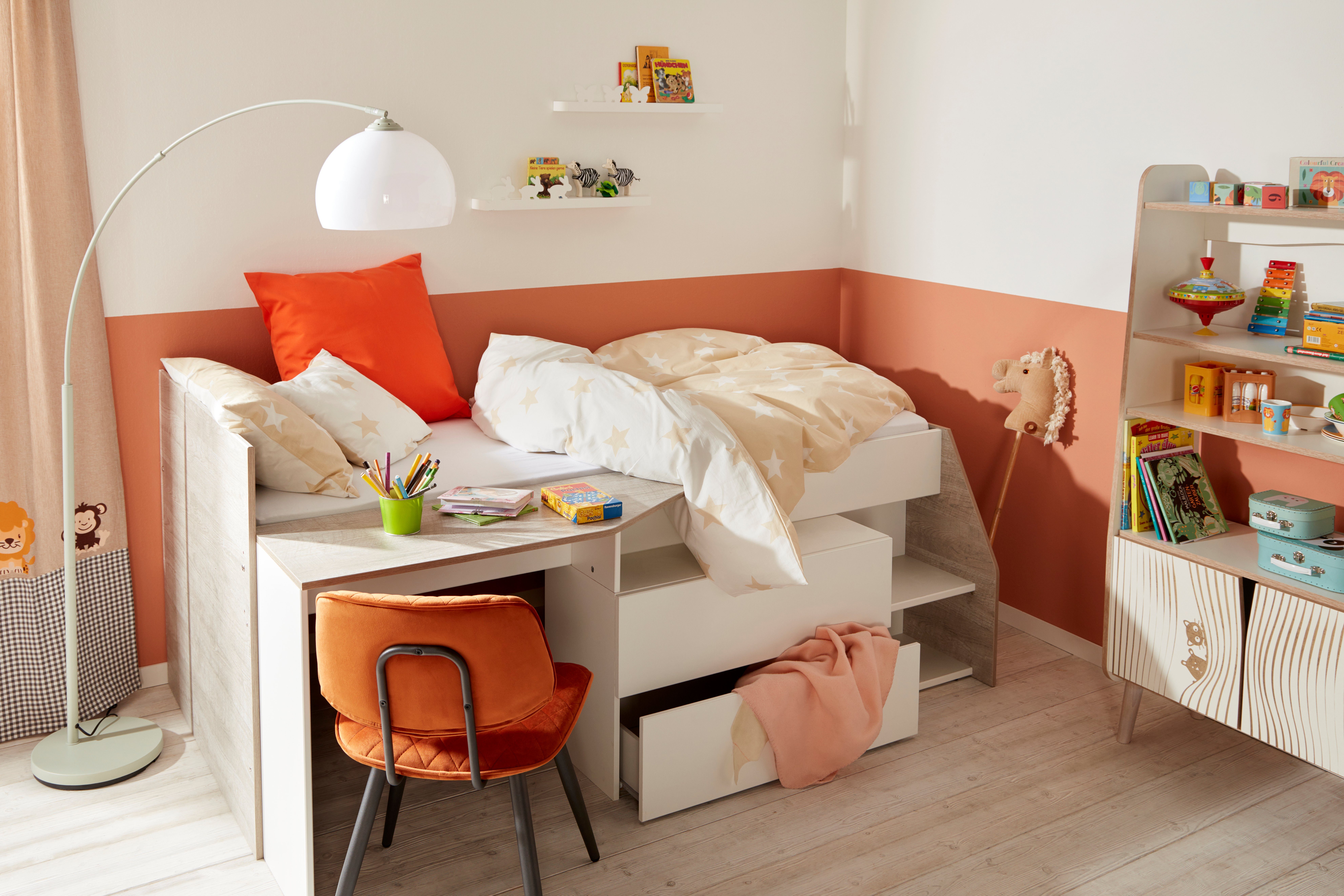 Parisot Hochbett Milky mit kleiner Arbeitsfläche und kleiner Kommode, extra Stauraum