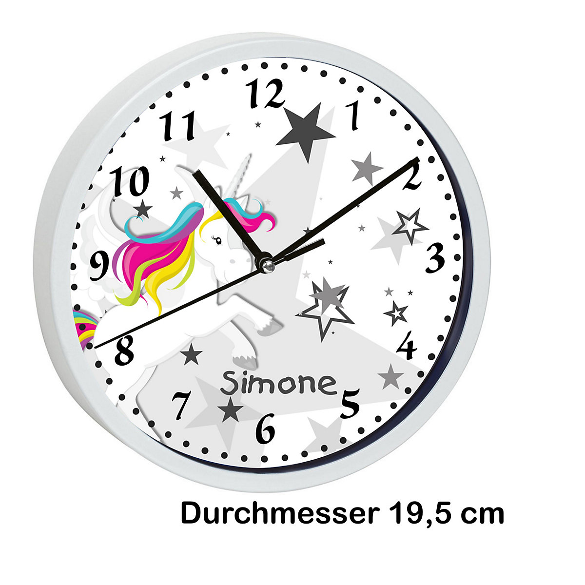 Kinder Wanduhr personalisiert mit Name Pegasus Sterne Grau