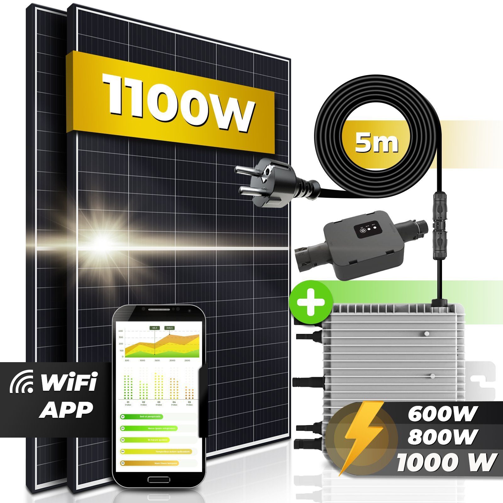 SUNNIVA Solaranlage Balkonkraftwerk 1100W, 1000,00 W, Monokristallin, (DEYE Wechselrichter (drosselbar auf 600W oder 800W), Solaranlage Komplettset mit 5m Anschlusskabel für Schuko Steckdose, Balkon Mini-PV Anlage mit WIFI APP und Stromerzeugung Mess