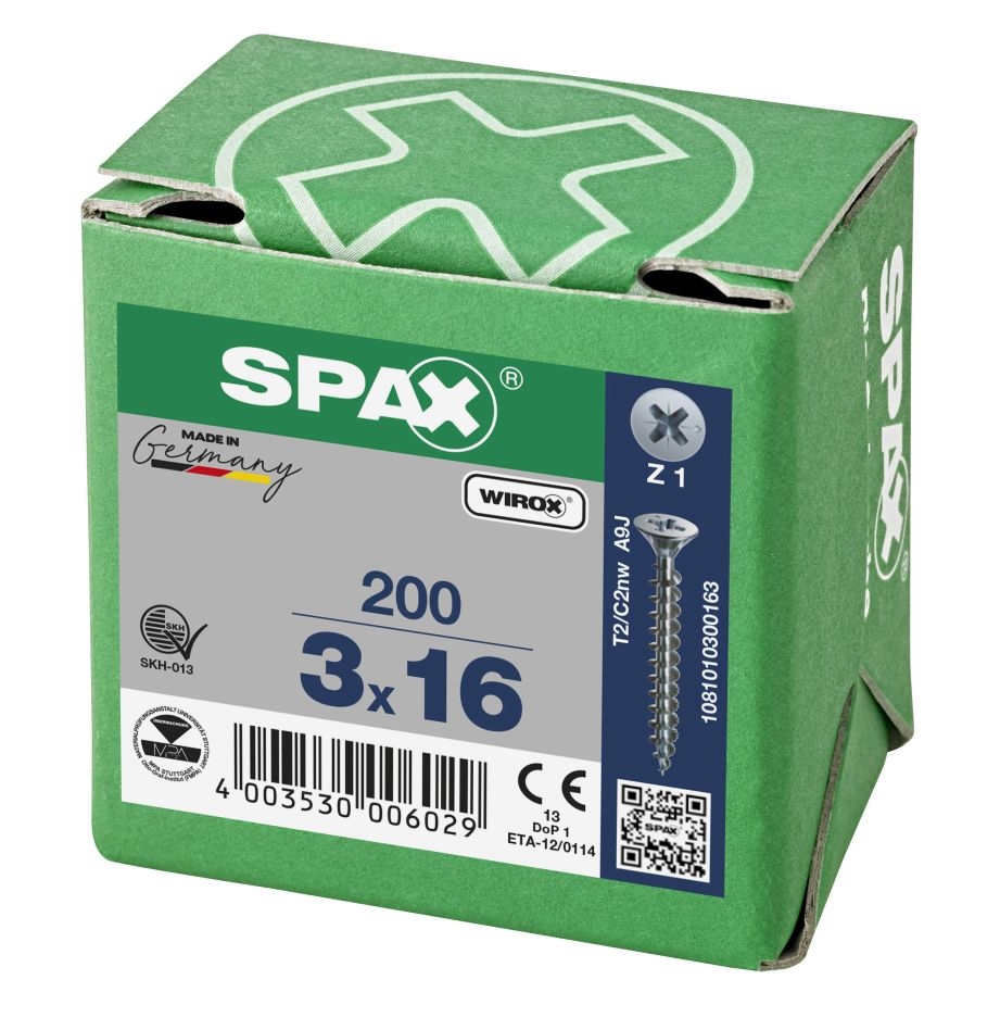 SPAX 1081010300163 Универзални вијак 3 x 16 мм, Пуни навој, Упуштена глава, Крстасти навој Z1 - 200 комада