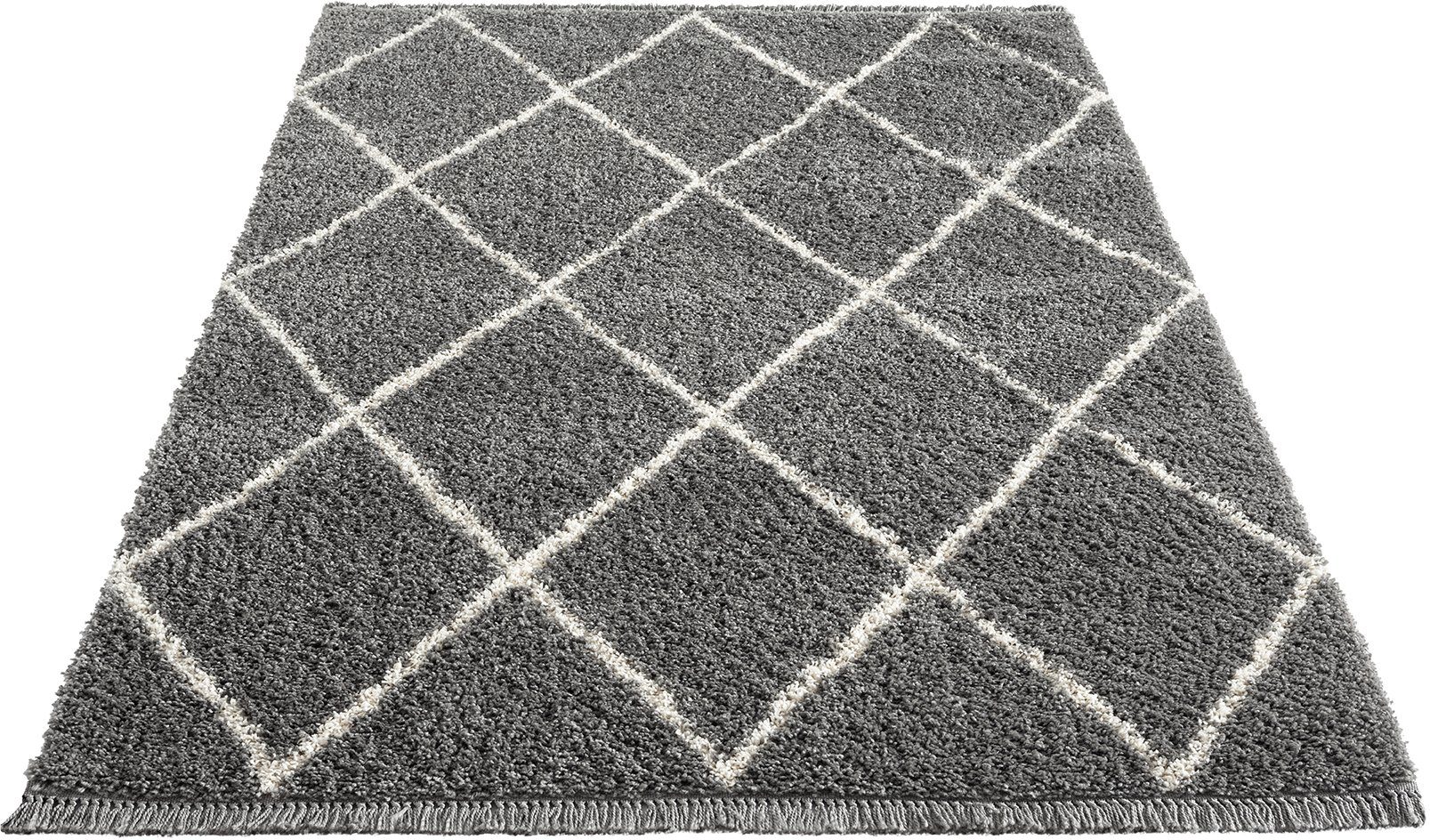 Hochflor-Teppich Bahar Shaggy Langflor Rauten Muster Creme-Schwarz, the carpet, Rechteck, Höhe: 35 mm, Wohnzimmer, Schlafzimmer, skandinavisch