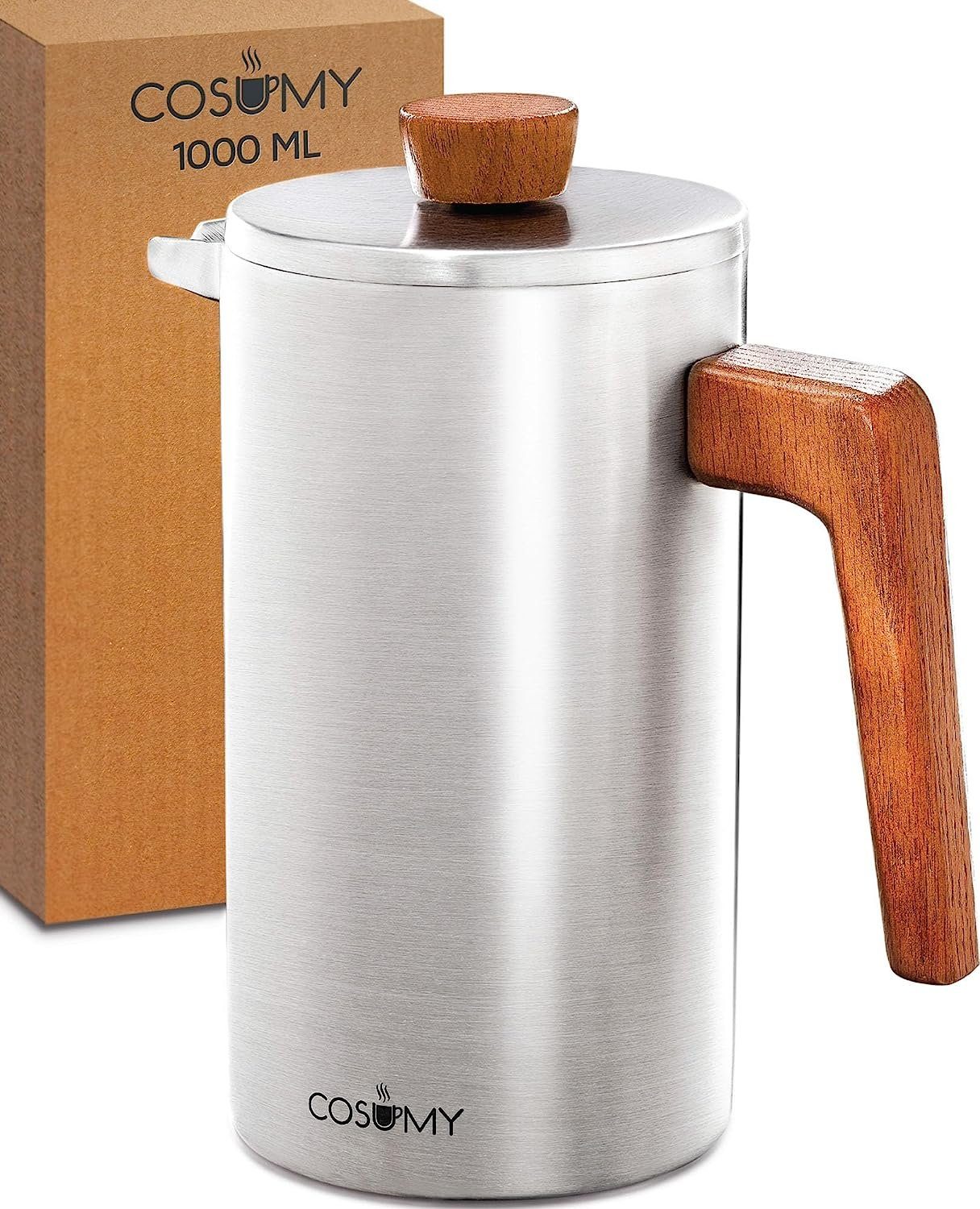 Cosumy French Press Kanne Edelstahl Kaffeekanne, Edelstahlfilter