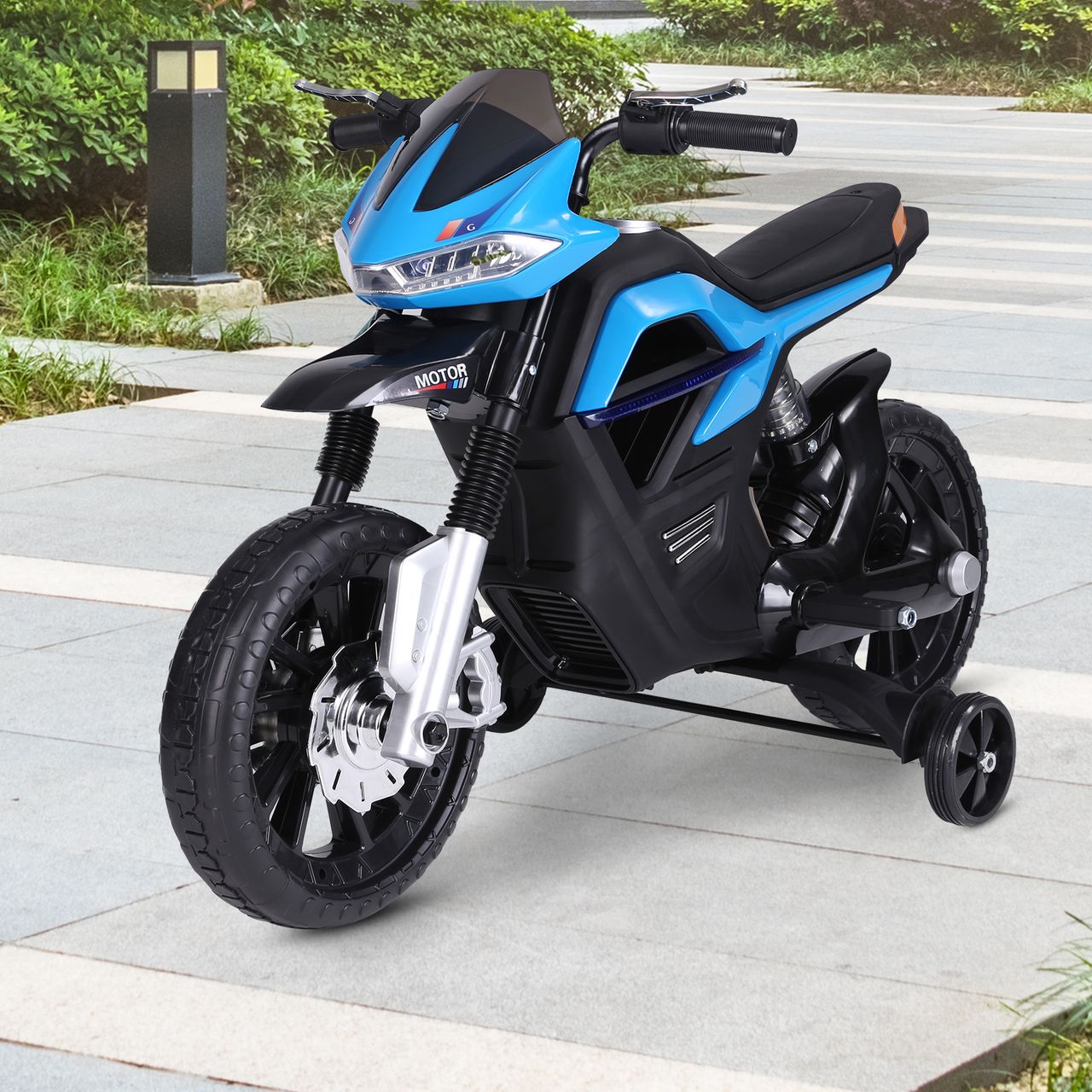 HOMCOM Kindermotorrad Kinder-Elektromotorrad Elektro-Motorrad für Kinder 3-6 Jahren Licht Musik MP3 Elektrofahrzeug mit Stützrädern maximal 3 km/h Metall   Kunststoff Blau 105 x 52,3 x 62,3 cm