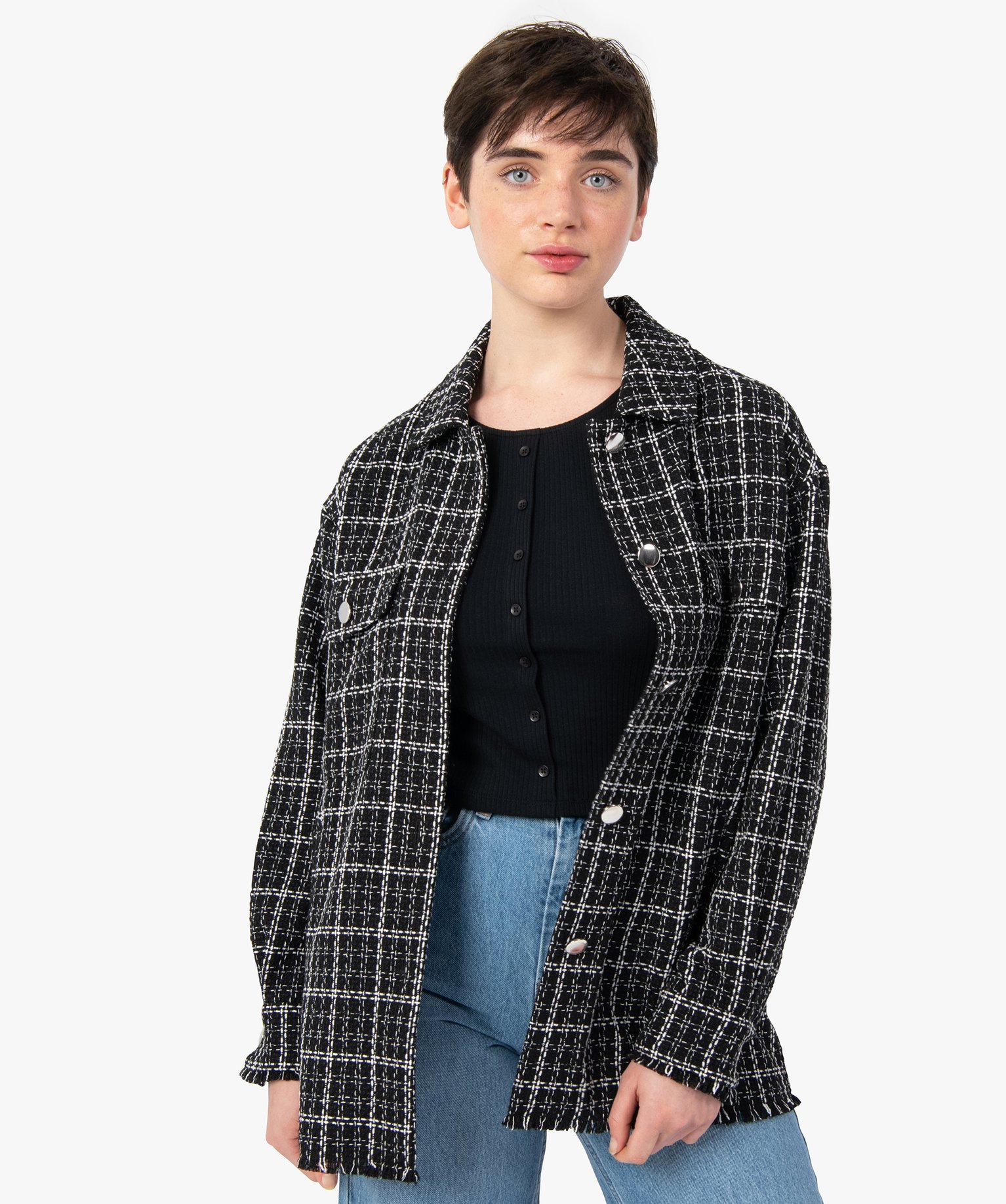 Veste femme forme chemise aspect tweed noir | GEMO