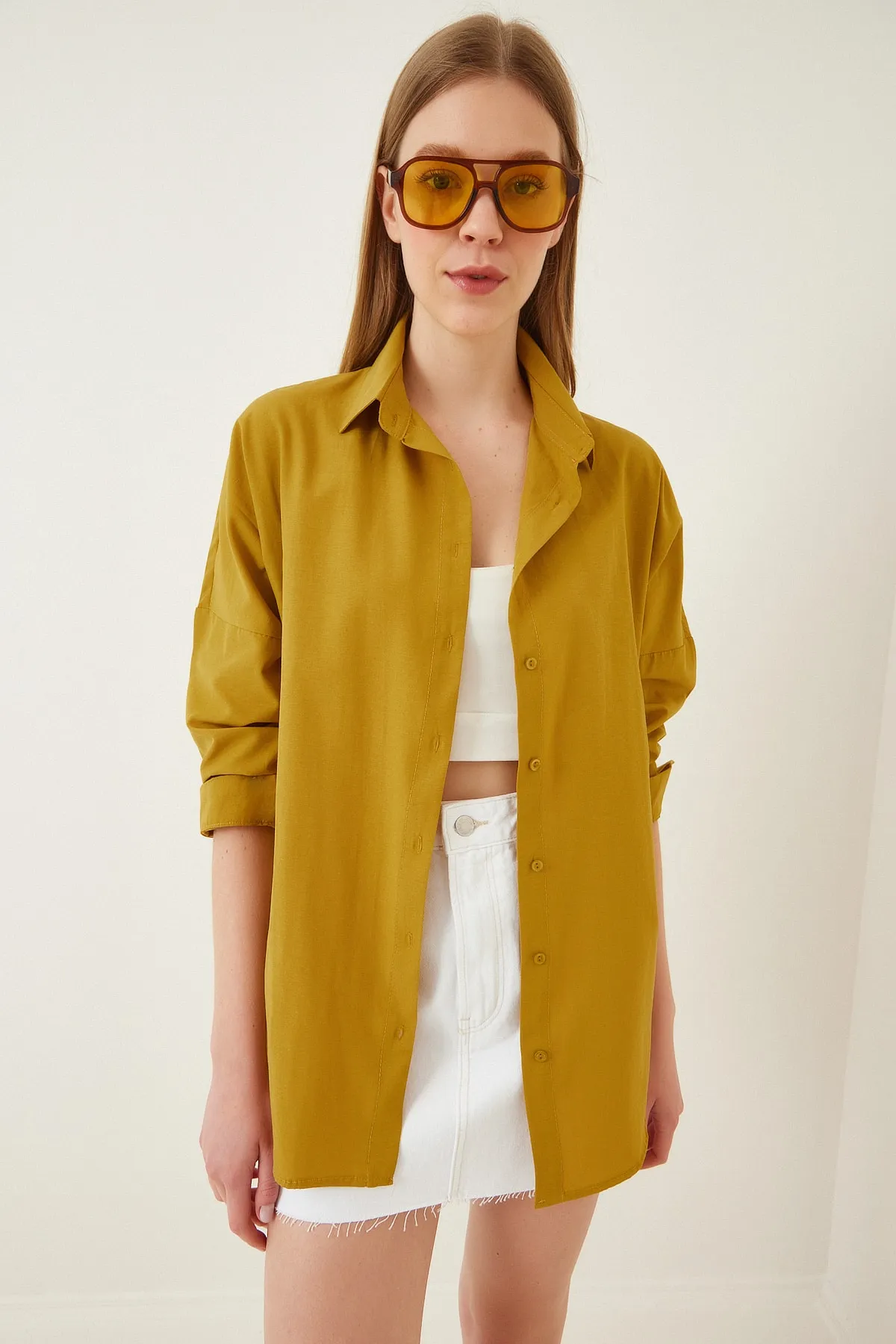 Happiness İstanbul  Senfgelbes, langes Basic-Shirt für Damen in Übergröße DD00842