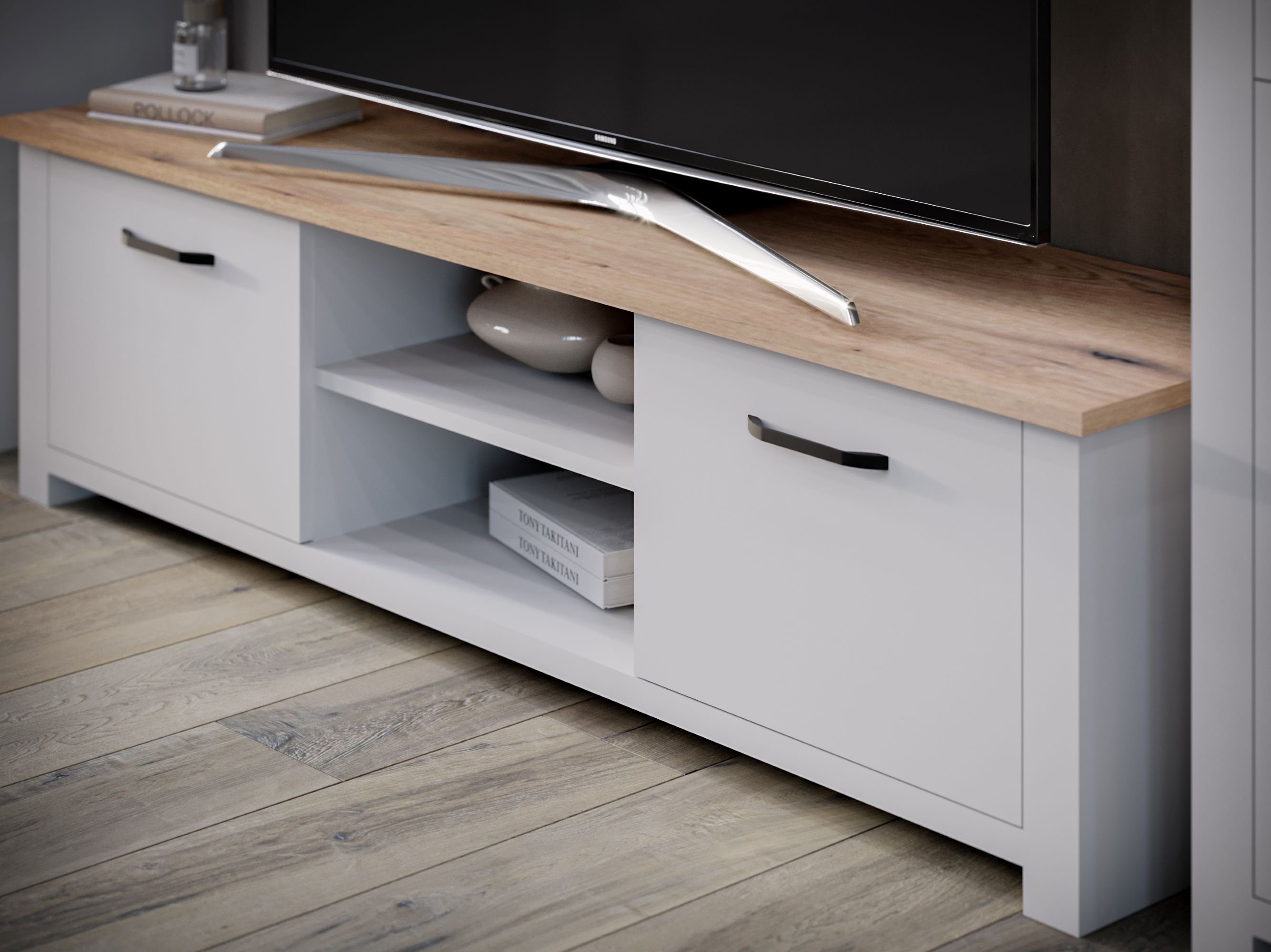 HYPE Rooms Wohnwand Wohnwand Wohnzimmer Sienna 5-teilig, TV-Bank, Vitrinenschrank, Vitrinenschrank schmal, Kommode, Couchtisch