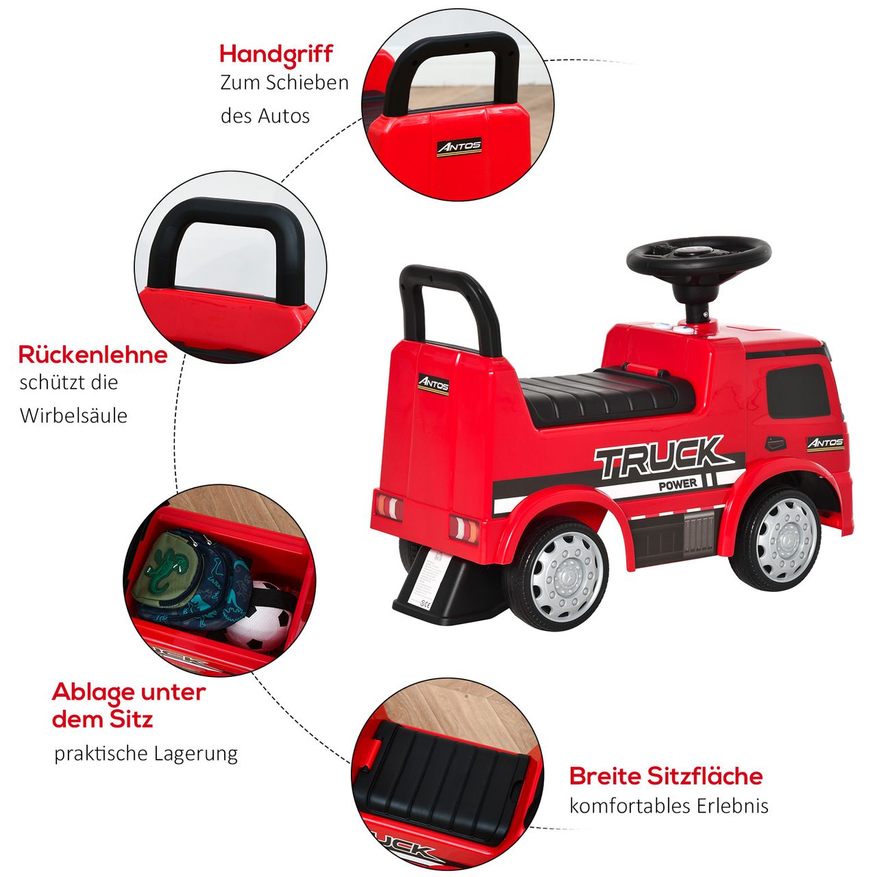 HOMCOM Rutscherfahrzeug Rutscherauto Babyrutscher Kinderfahrzeug lizenziert von Mercedes ANTOS-LKW-Stil mit Licht für Kinder von 12 bis 36 Monaten Metall PP-Kunststoff Rot Schwarz 62,5x28,5x45cm