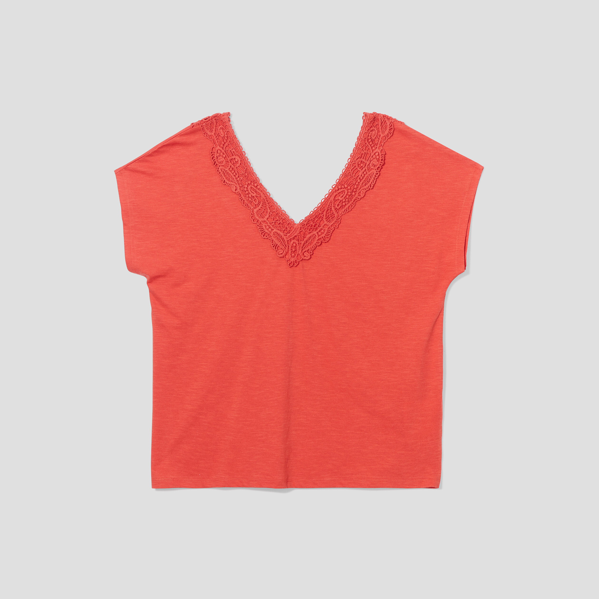 T-shirt col V macramé manches courtes orange foncé femme | La Halle