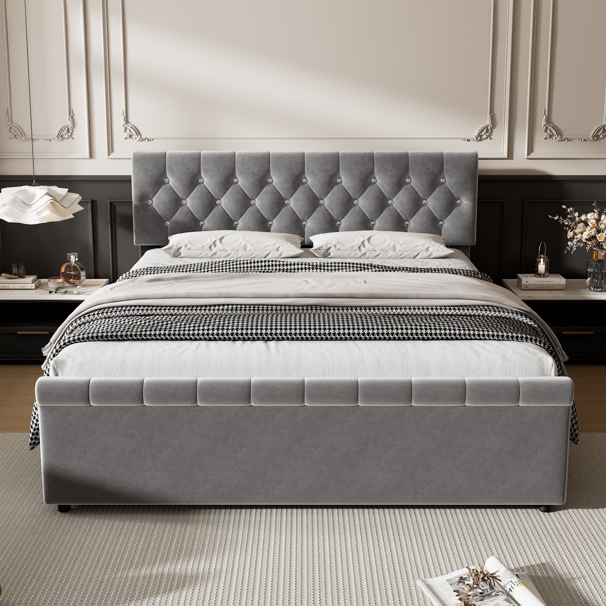 Flieks Polsterbett, Doppelbett mit Lattenrost und 2 Schubladen 140x200cm Samt