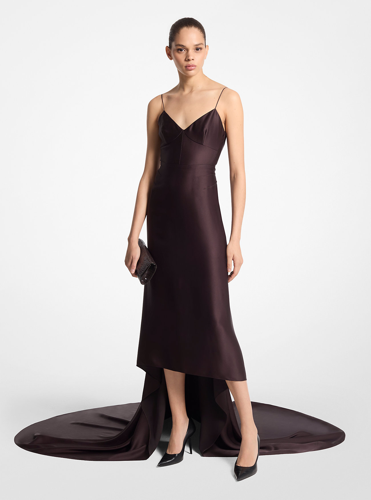 Abito sottoveste in raso charmeuse - CIOCCOLATO
