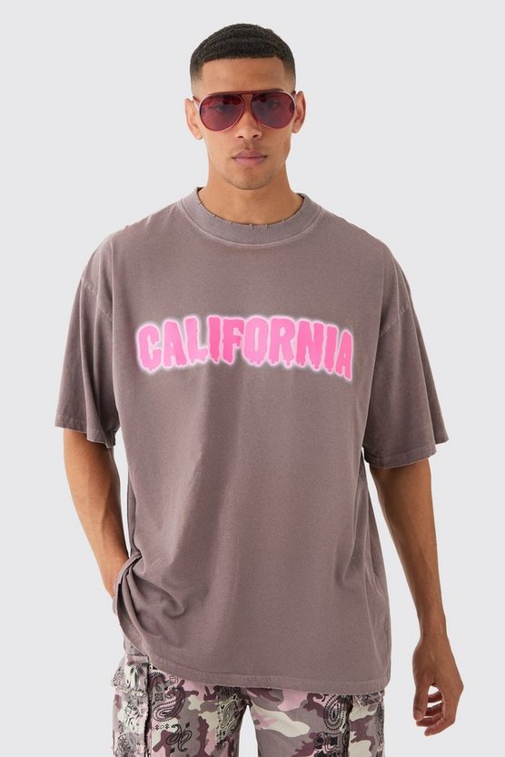 Oversized Extended Neck Acid Wash Distressed California Print T-shirt