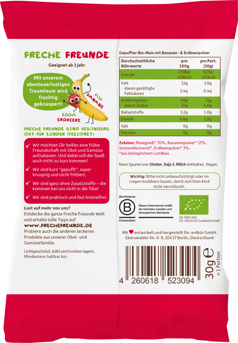 Kindersnack Knusper-Herzchen Banane & Erdbeere, 30 g
