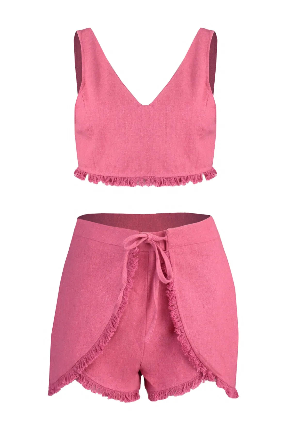 Trendyol Collection  Rosa Strandbluse und Strandshorts-Set mit Quastendetail TBESS22AU0141