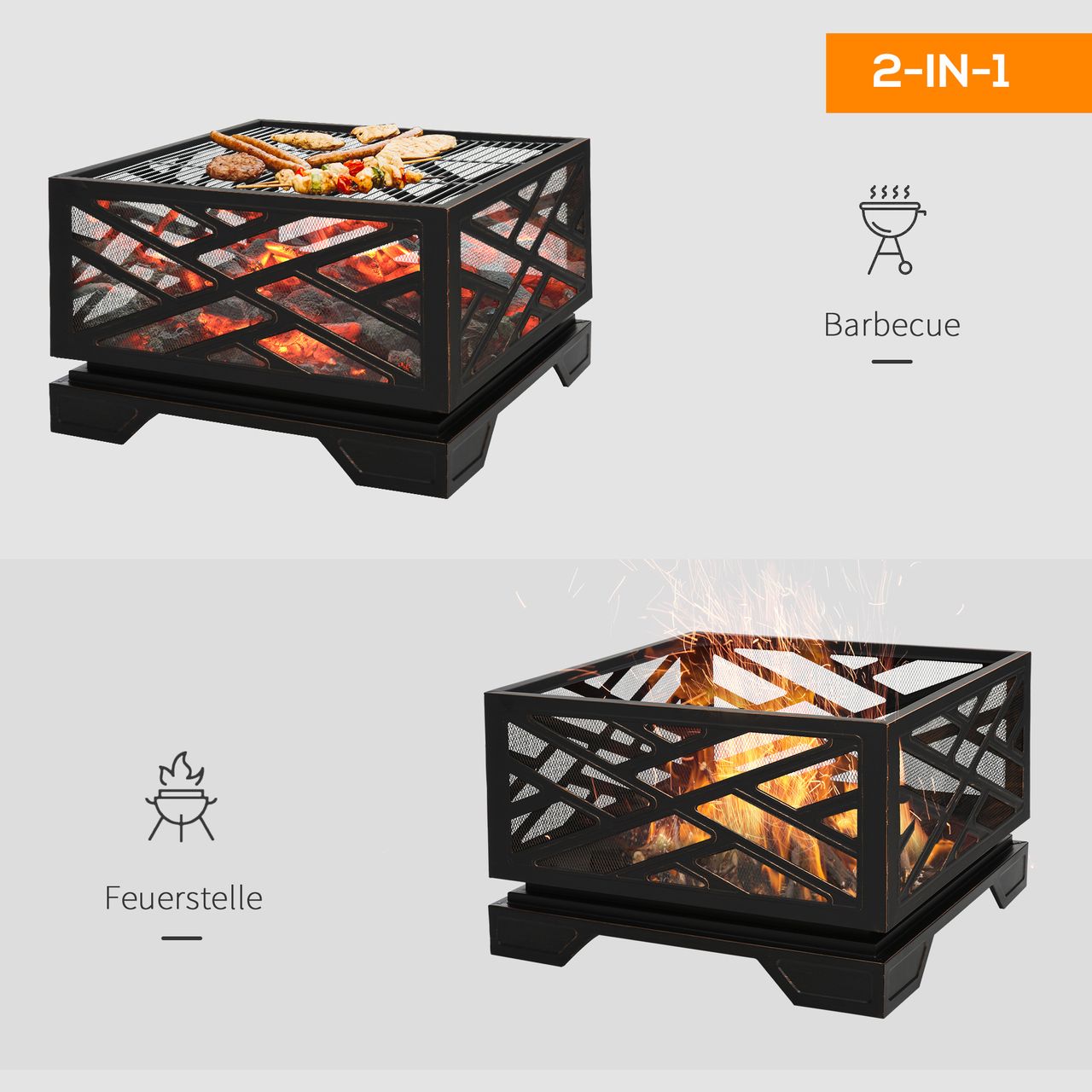 Outsunny Feuerschale mit Funkenschutz Feuerkorb mit Grillrost, Schürhaken Metall