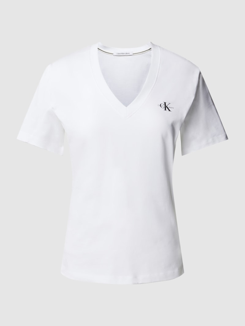 T-Shirt mit V-Ausschnitt Modell 'MICRO MONOLOGO' in weiss