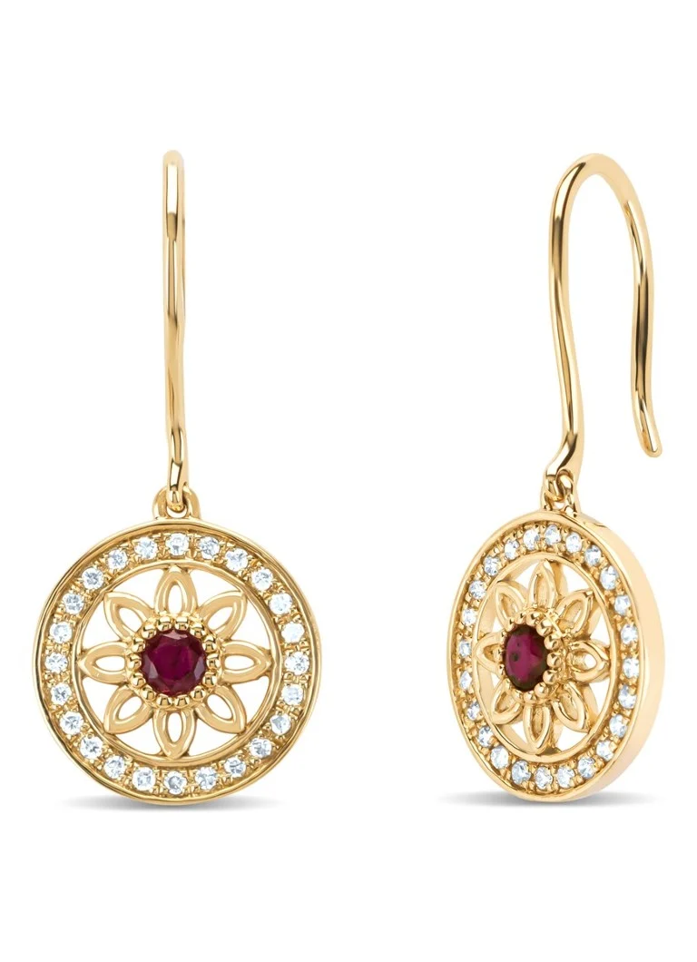 Diamond Point Yellow gold earrings, 0.17 ct ruby (treated), Birthstones