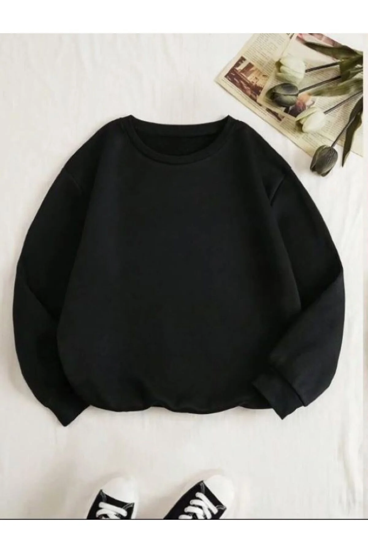 Know  Schwarzes, einfarbiges Damen-Sweatshirt mit Rundhalsausschnitt