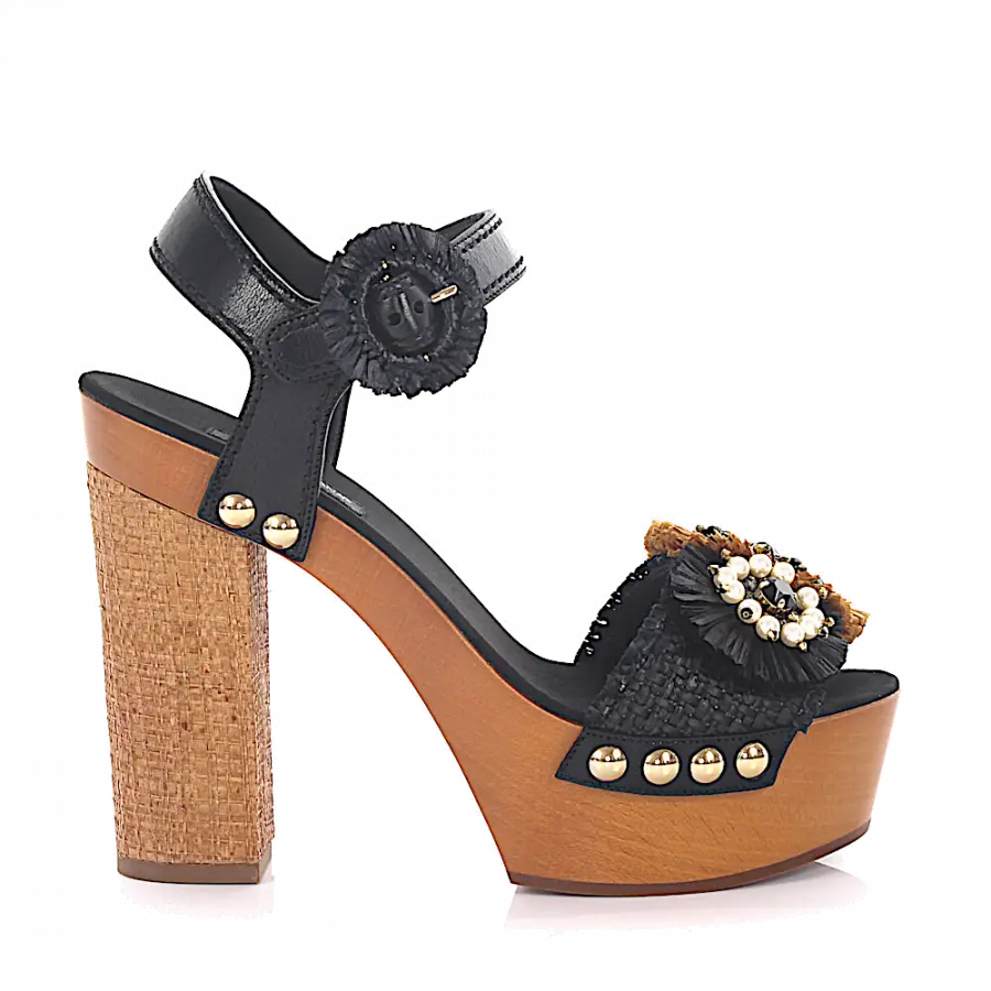 Dolce & Gabbana - Plateausandalen Nieten Schmuckstein schwarz braun - schwarz