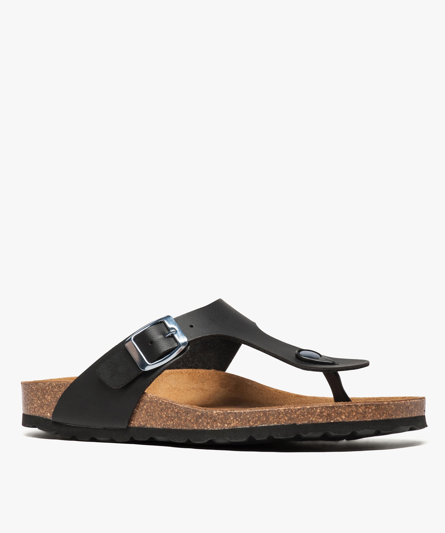 Mules femme à talon plat avec large bride en T unie noir | GEMO
