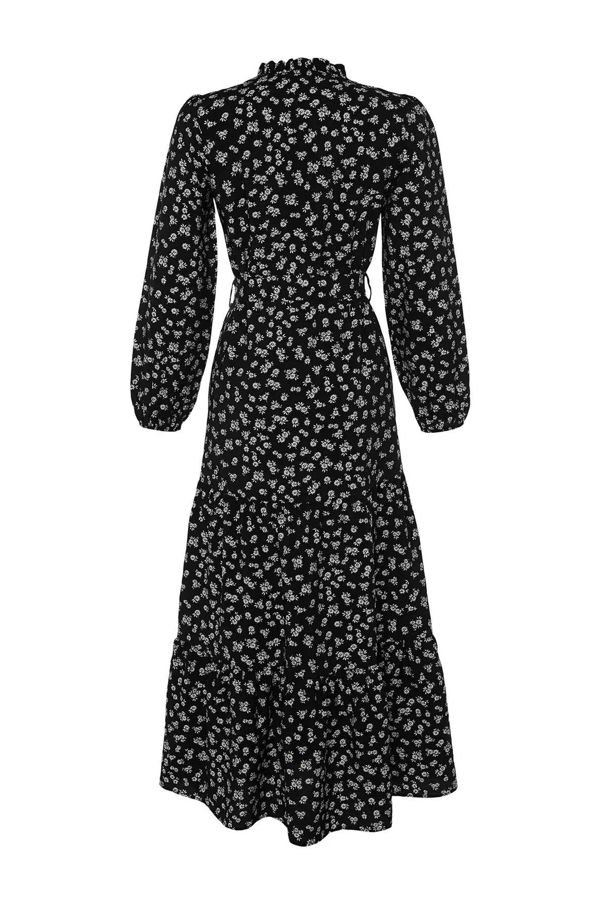 Trendyol Modest  Schwarzer Gürtelrock, Volants, Blumenmuster, gefüttertes Webkleid TCTSS23EB00294