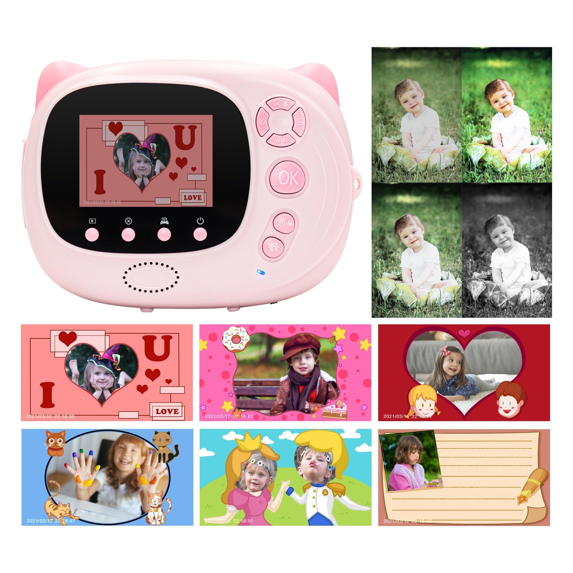 Fine Life Pro Kreative Kinderkamera Sofortbildkamera (24 MP, inkl. 12 farbigen Pinselstiften + 3 Rollen Druckpapier + Aufkleber, Videoaufnahmen mit Ton in Full HD, WIFI, automatische Blitzzuschaltung)