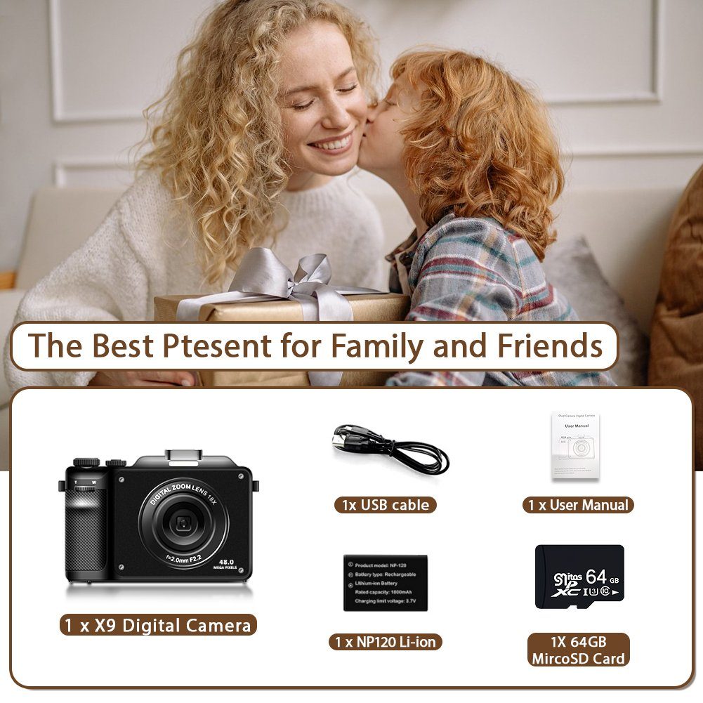A Ade Digitalkamera 4K HD 1080P Fotokamera Doppelkamera Kompaktkamera (48 MP, WLAN (Wi-Fi), inkl. 8 integrierte Farbfilter, 18X digitaler Zoom, 64 GB TF-Karte)