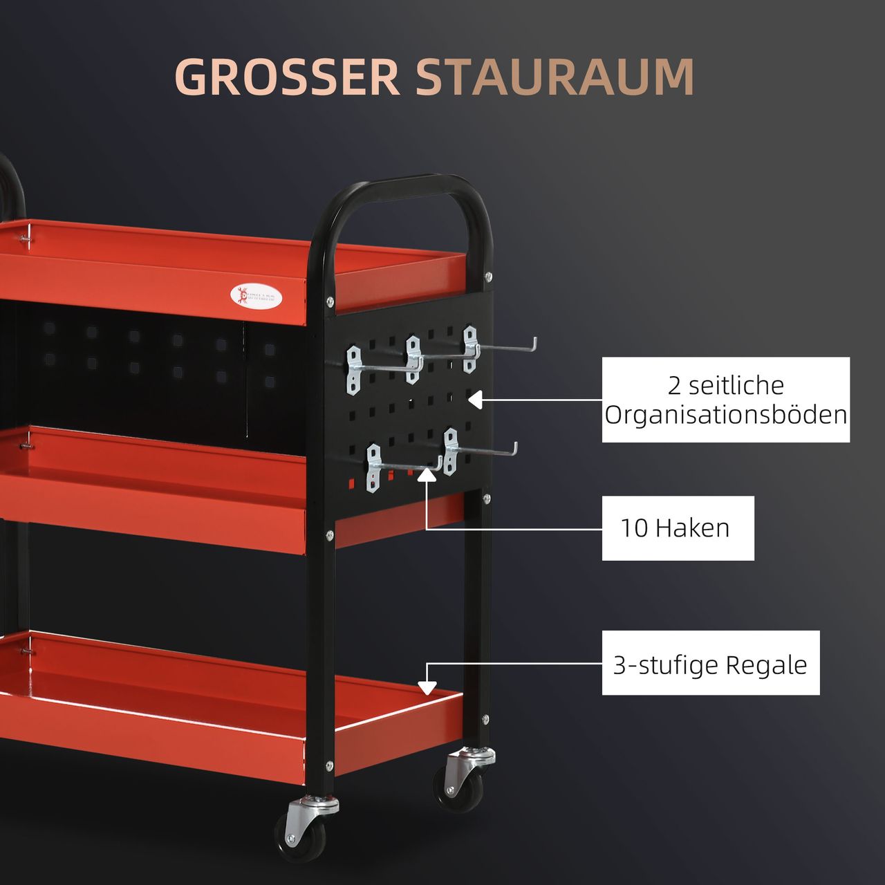 DURHAND Werkzeugwagen mit 3 Regalen Transportwagen mit Hakenlöchern für Garage