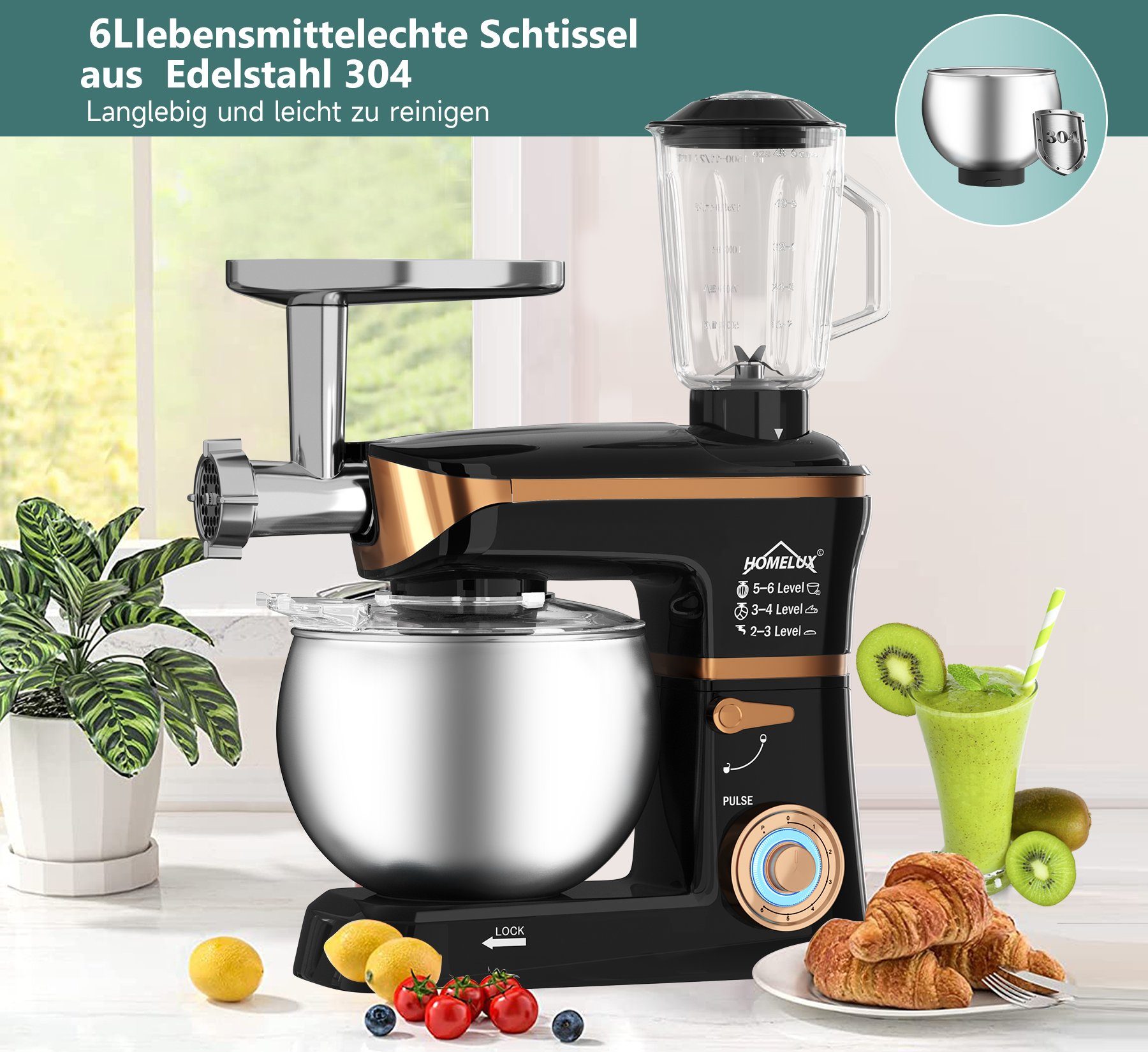 HOMELUX Küchenmaschine 3in1 Multifunktions Standmixer, 6 Geschwindigkeiten Knetmaschine, 1000,00 W, 6,00 l Schüssel, Fleischwolf, Rührmaschine