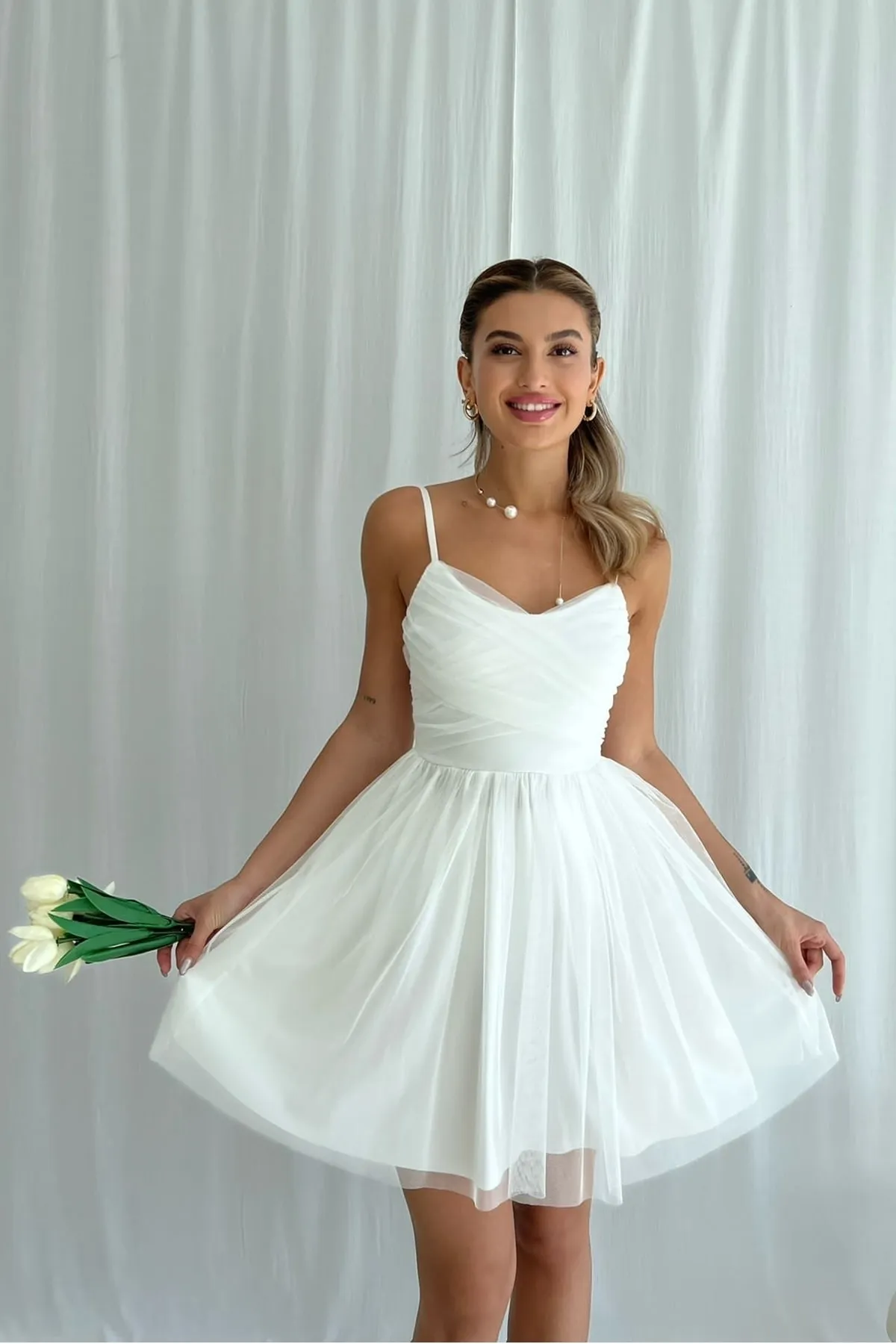 bayansepeti  Gefütterter Tüllstoff, ausgestellter Schnitt, weißes Kleid, weißes Verlobungskleid 139
