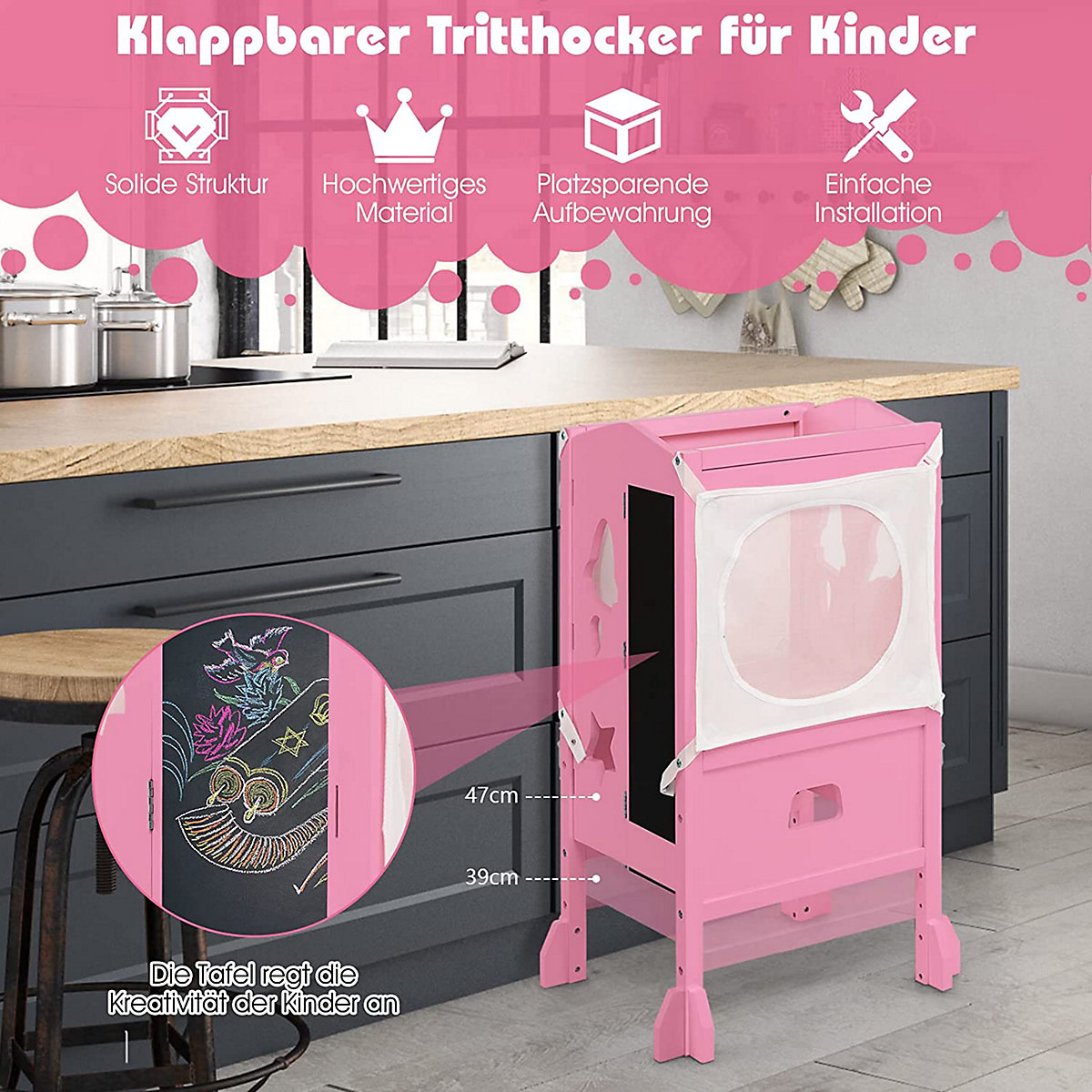 Lernturm Tritthocker klappbar mit Tafel & Sicherheitsnetz
