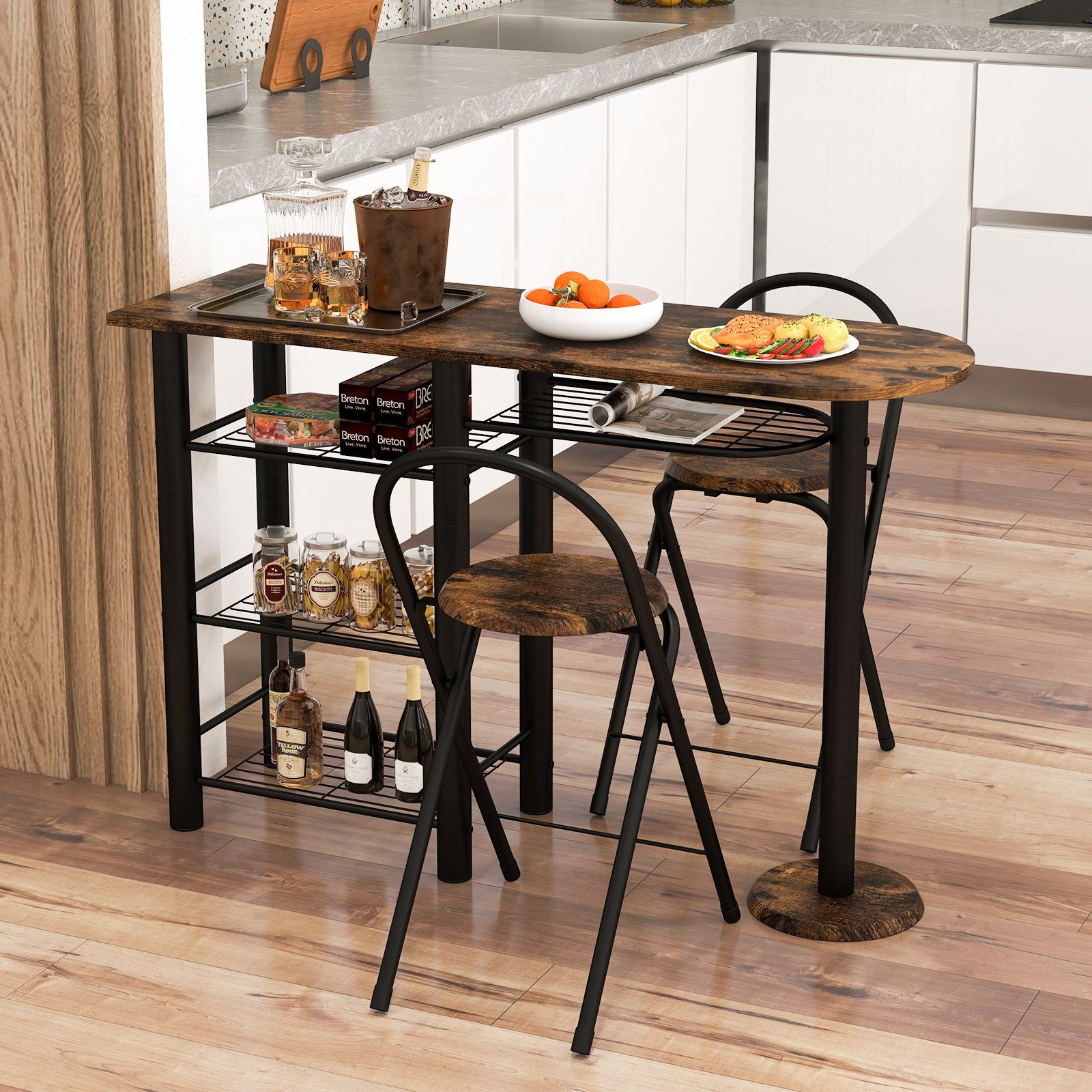 COSTWAY Bartisch (3-St), mit 2 Barhocker und 4-stufigem Regal, für 2 Personen